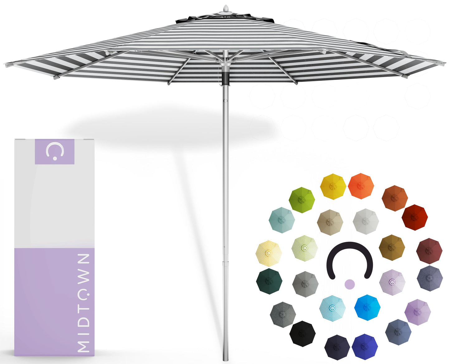 Midtown Umbrellas Push and Pop 9 Feet Outdoor Umbrella With Terylast Black/White Stripes Polyester Fabric - Fiberglass Ribs Deck Patio, Backyard, Garden & Pool - Silver Pole