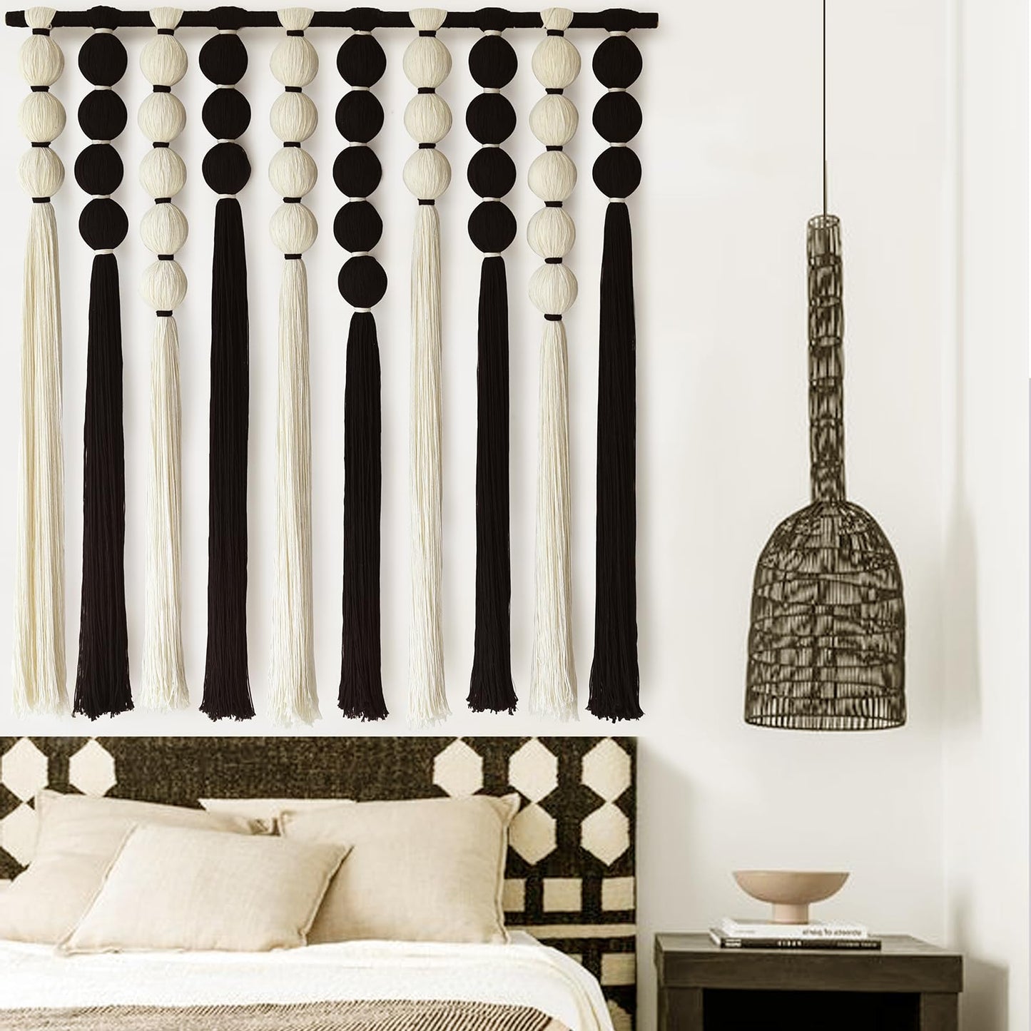 IOWER Macrame Wall Hanging Brown Yarn Beaded Backdrop Boho Wall Decor Round Tassel Home Wall Aesthetic Living Rooms Bedrooms Offices Geometric Art Chic Home Decor 39" W x 55" L