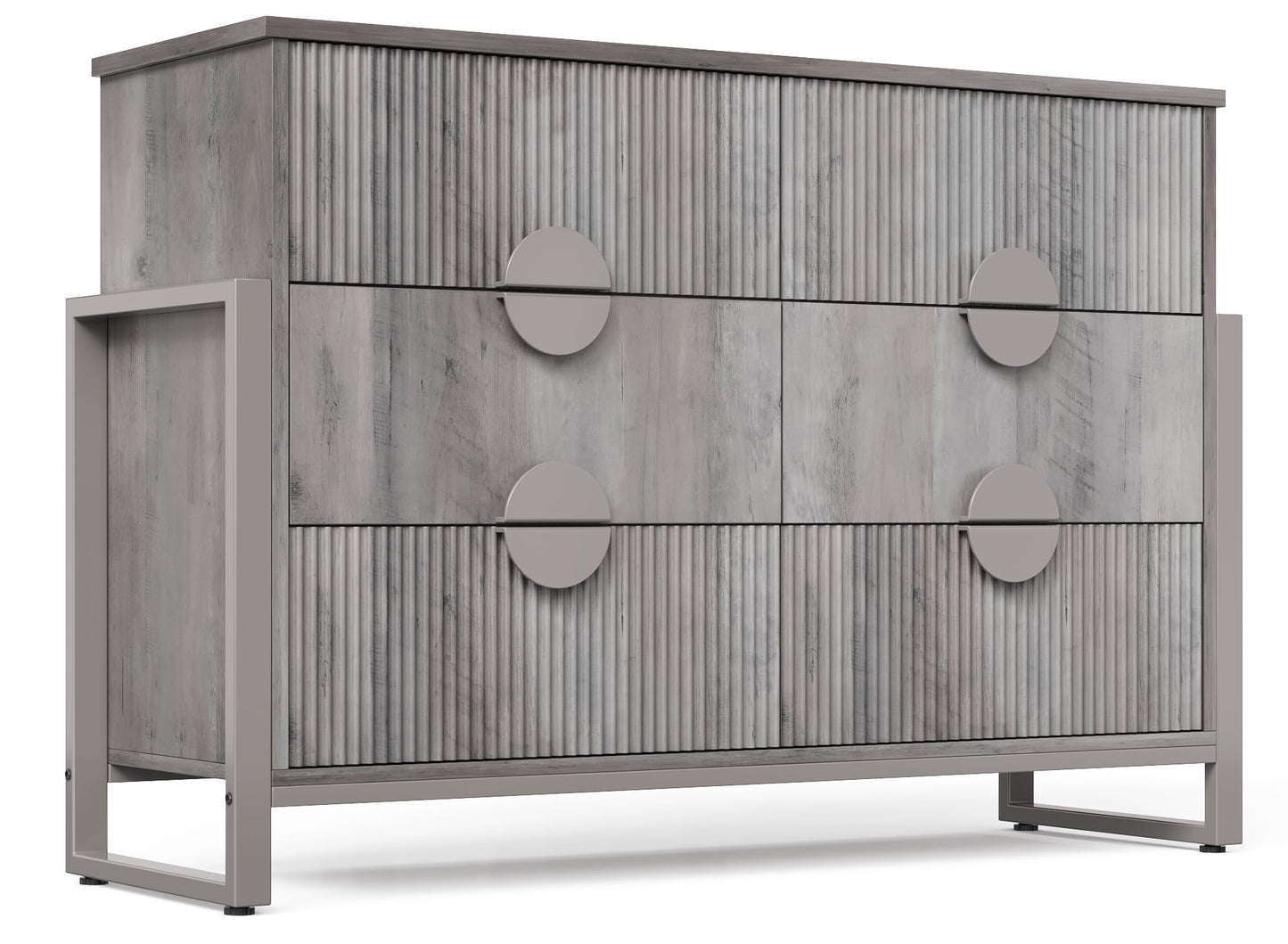 LGHM Fluted Gray Dresser for Bedroom, 50" Wide Chest of Drawers, Modern 6 Deep Drawers Dresser with Raised H Legs -Curved Profile Design, Easy Round Handles for Bedroom,Livingroom, Hallway, Gray
