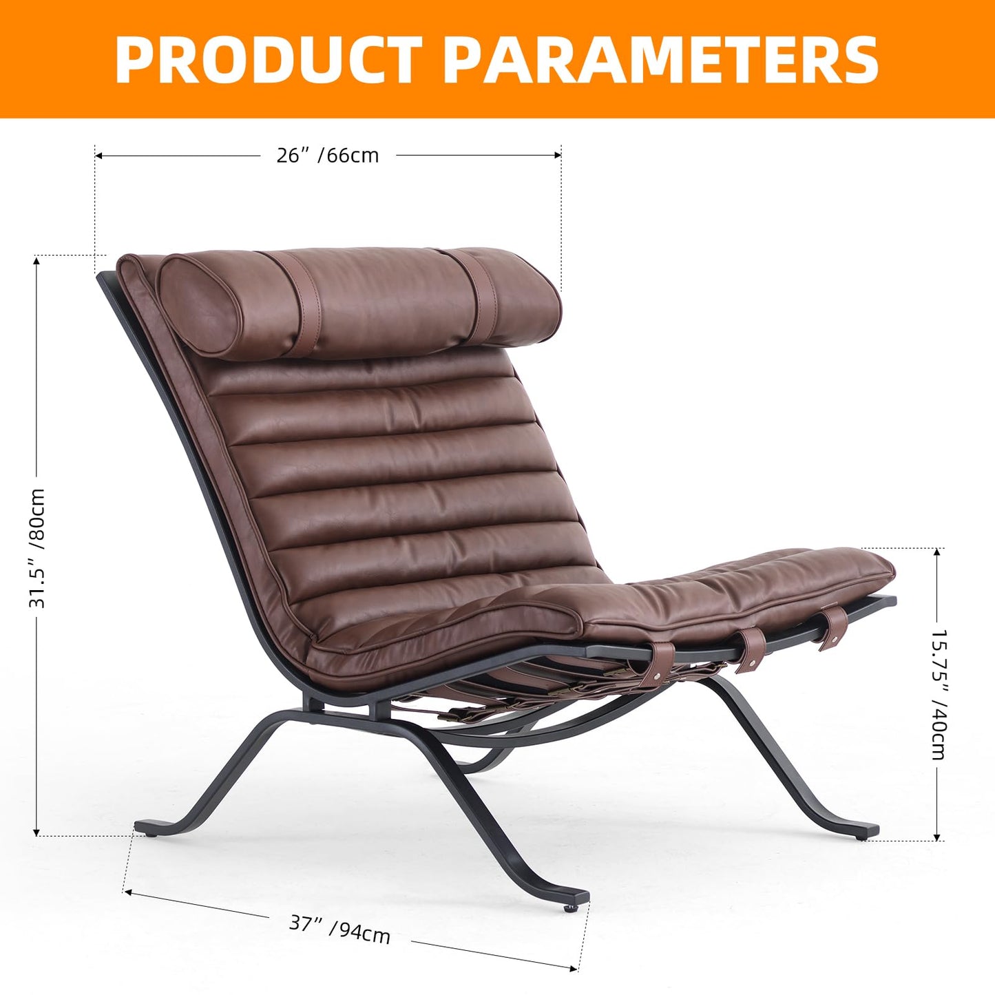 Leather Upholstered Armless Chair Modern Design Lounge Chair with Metal Frame and Headrest Cushion Comfortable Suitable for Living Room Bedroom Office (Dark Brown)