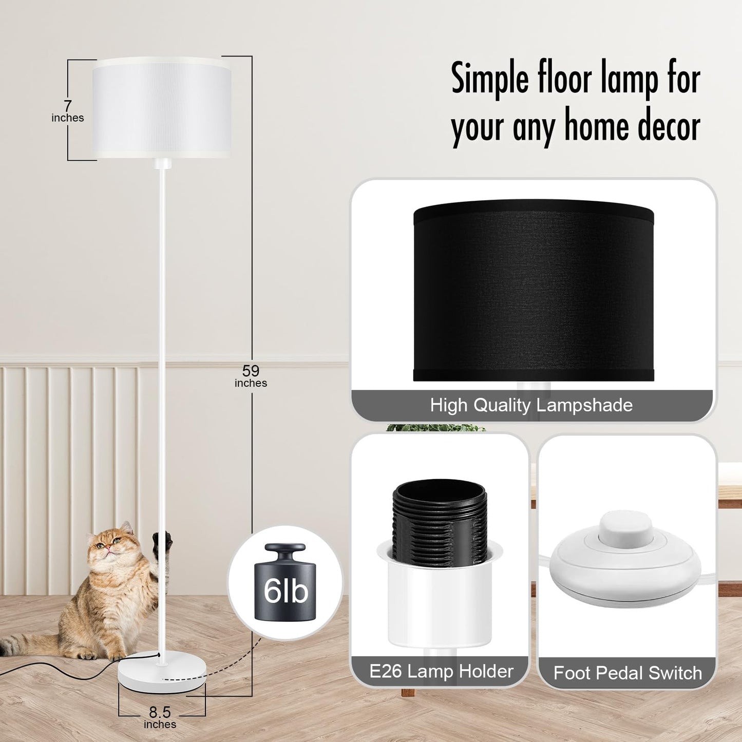 Floor Lamp Black, Standing Lamp, 58" Tall Lamps for Living Room, Simple Pole Lamp with Black Lampshade, On/Off Foot Pedal, Bright Dimming Light for Kids Room Bedroom Office Decor(Without Bulbs)