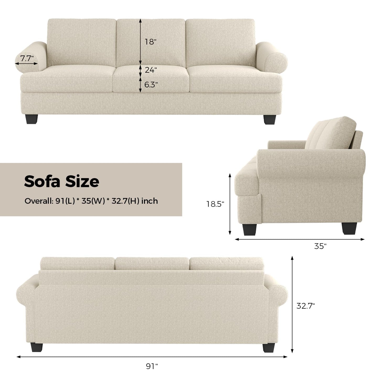 91 Inch Lawson Sofa with Extra Deep Seats Oversize, Mid-Century 3-Seat Sofa Couch, for Living Room, Apartment, Lounge, Dark Blue
