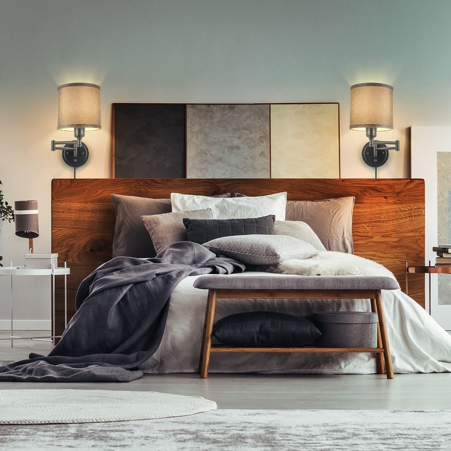 Plug in Wall Sconces with Remote Control, Dimming 10%-100% & Adjustable Colors 2700K-6500K, Hardwire or Plug-in, Swing Arm Wall Lamp with Linen Fabric Shade, Wall Sconces Set of Two, Black Finish