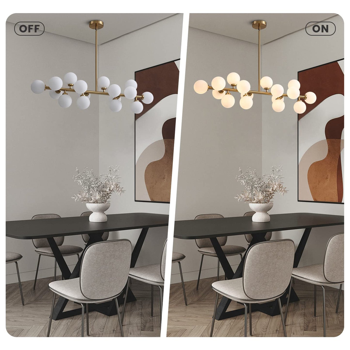 CROSSIO Modern Linear Chandeliers Black 16 Lights Pendant Light Fixtures Bubble Glass Chandelier Mid Century Sputnik Chandelier for Kitchen Island Dining Room