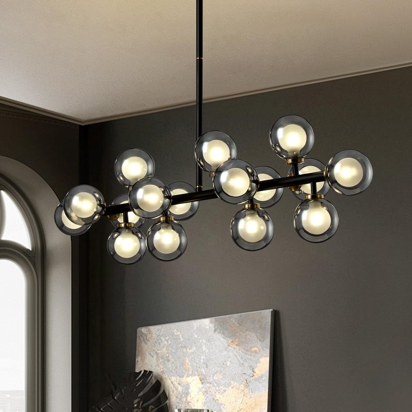 CROSSIO Modern Linear Chandeliers Black 16 Lights Pendant Light Fixtures Bubble Glass Chandelier Mid Century Sputnik Chandelier for Kitchen Island Dining Room