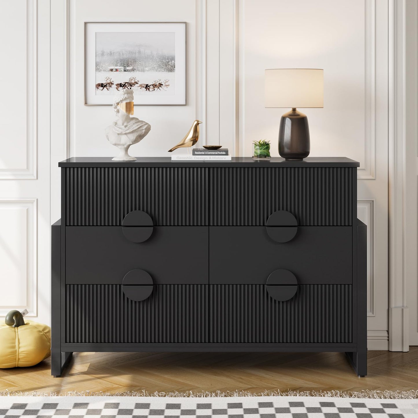 LGHM Fluted Gray Dresser for Bedroom, 50" Wide Chest of Drawers, Modern 6 Deep Drawers Dresser with Raised H Legs -Curved Profile Design, Easy Round Handles for Bedroom,Livingroom, Hallway, Gray