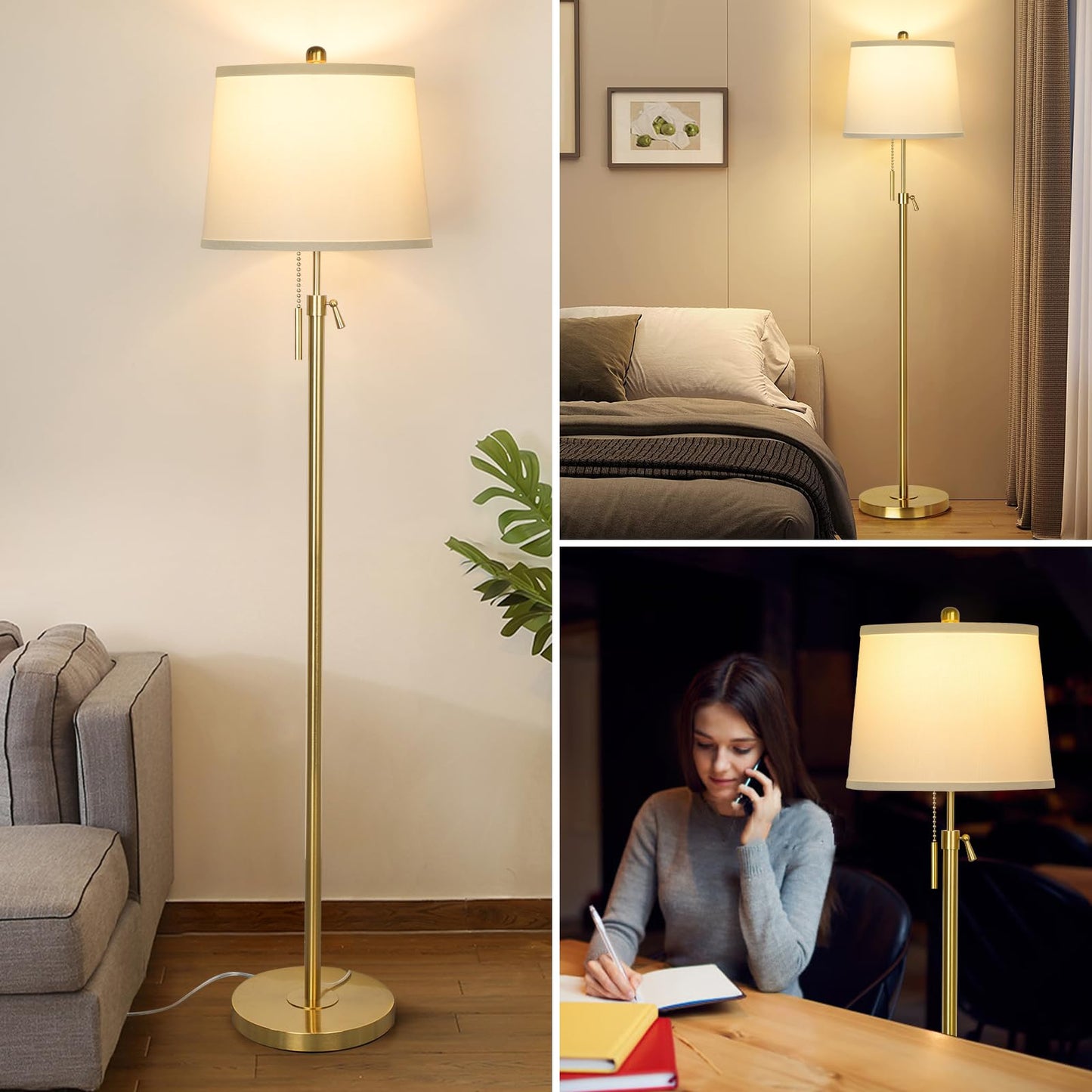 Floor Lamp for Living Room,Adjustable Height Standing Lamp,Dimmable Modern Floor Lamps for Bedroom Office Tall Floor Lights with Pull Chain Bulb Included-Silver Gray Shade