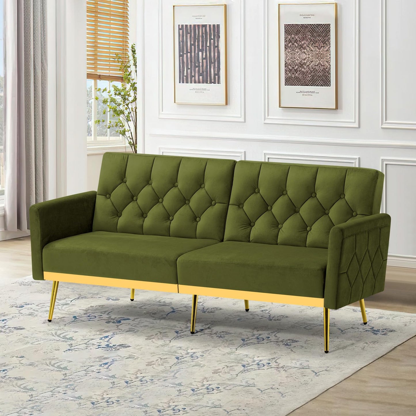 Velvet Sofa Bed w/Adjustable Armrests and Backrests, Modern Convertible Sleeper Sofa, Tufted Futon Sofa for Bedroom, Living Room, Apartment, Orange