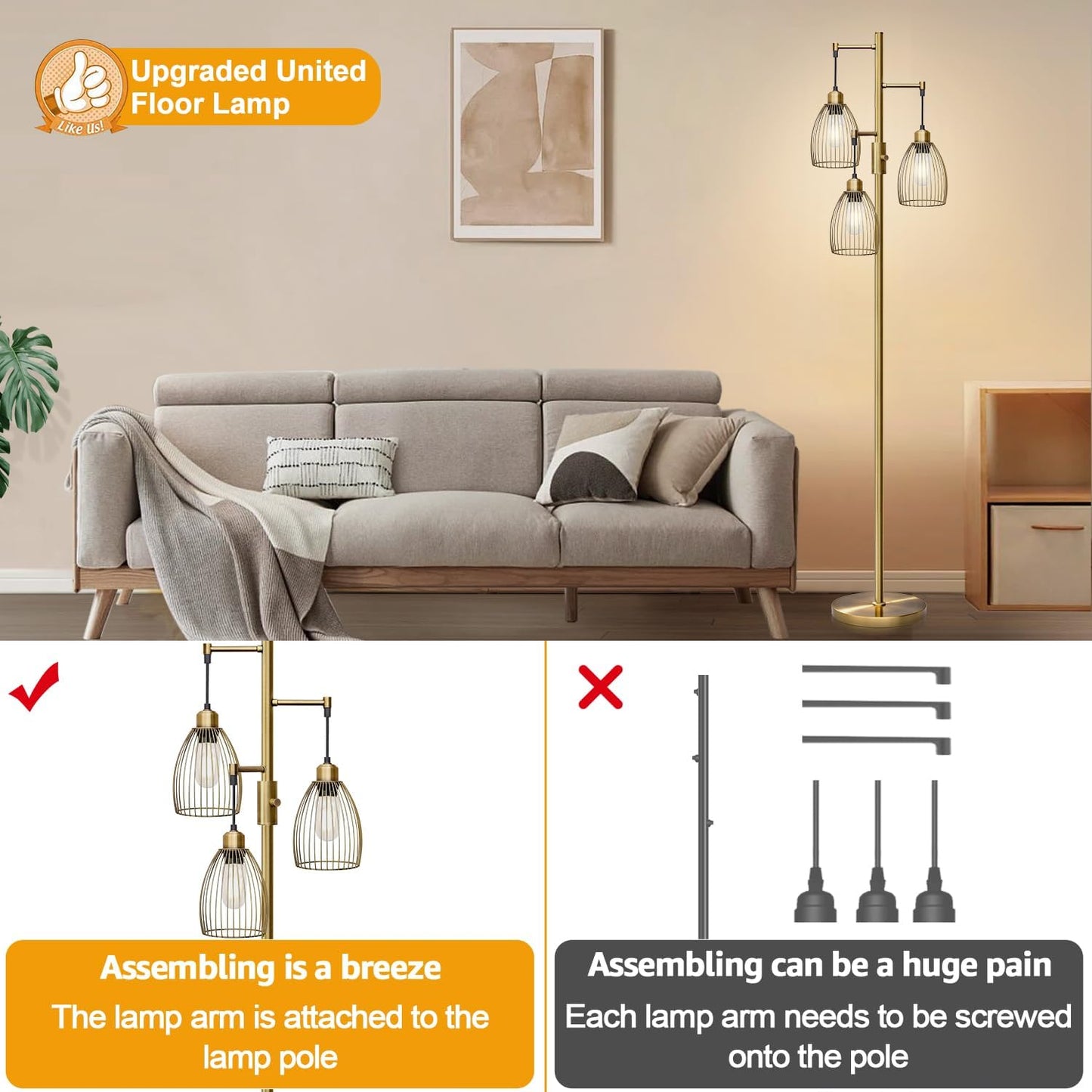 Dimmable Floor Lamp, 3 x 800LM LED Edison Bulbs Included, Farmhouse Industrial Floor Lamp Standing Tree Lamp with Elegant Teardrop Cage Tall Lamps for Living Room Bedroom Office Dining Room-Black
