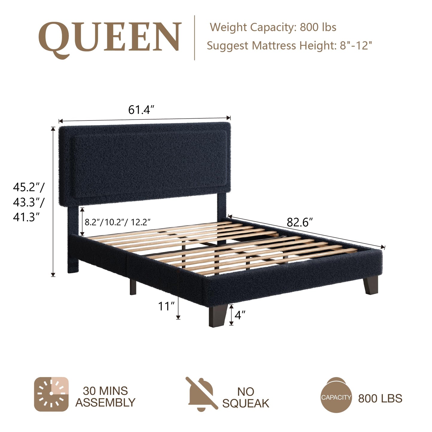 King Size Bed Frame and Headboard, Boucle Upholstered Platform Cloud Bed Frame with Headboard, Soft Teddy Fabric, Modern Style, No Box Spring Required, Easy Assembly, Blue-Black
