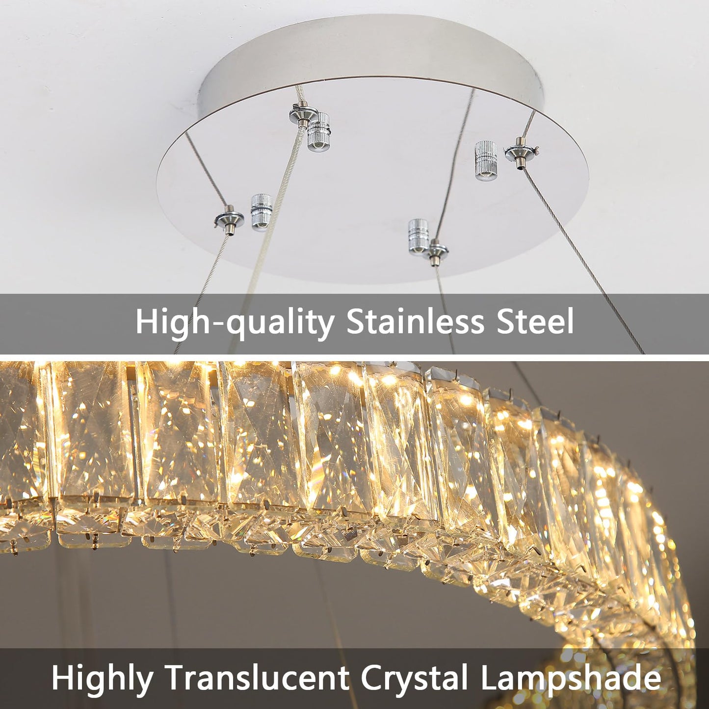 Modern Crystal Chandelier Dimmable LED Ring Pendant Lights Adjustable Glam Chandeliers Lighting Fixtures for Dining Room Living Room Bedroom Silver Light