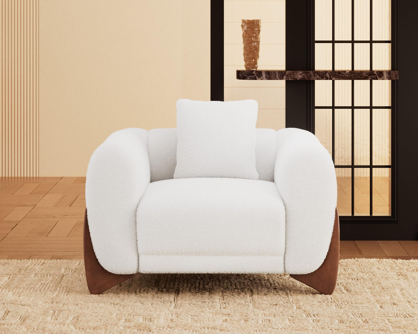 Morden Fort Modern Cloud Couch - 3 Seater Sherpa Boucle Sofa with Wood Legs, Ultra-Thick High Resilience Cushion with 3 Matching Pillows Upholstered Comfy Couch Sofa for Living Room - Off White