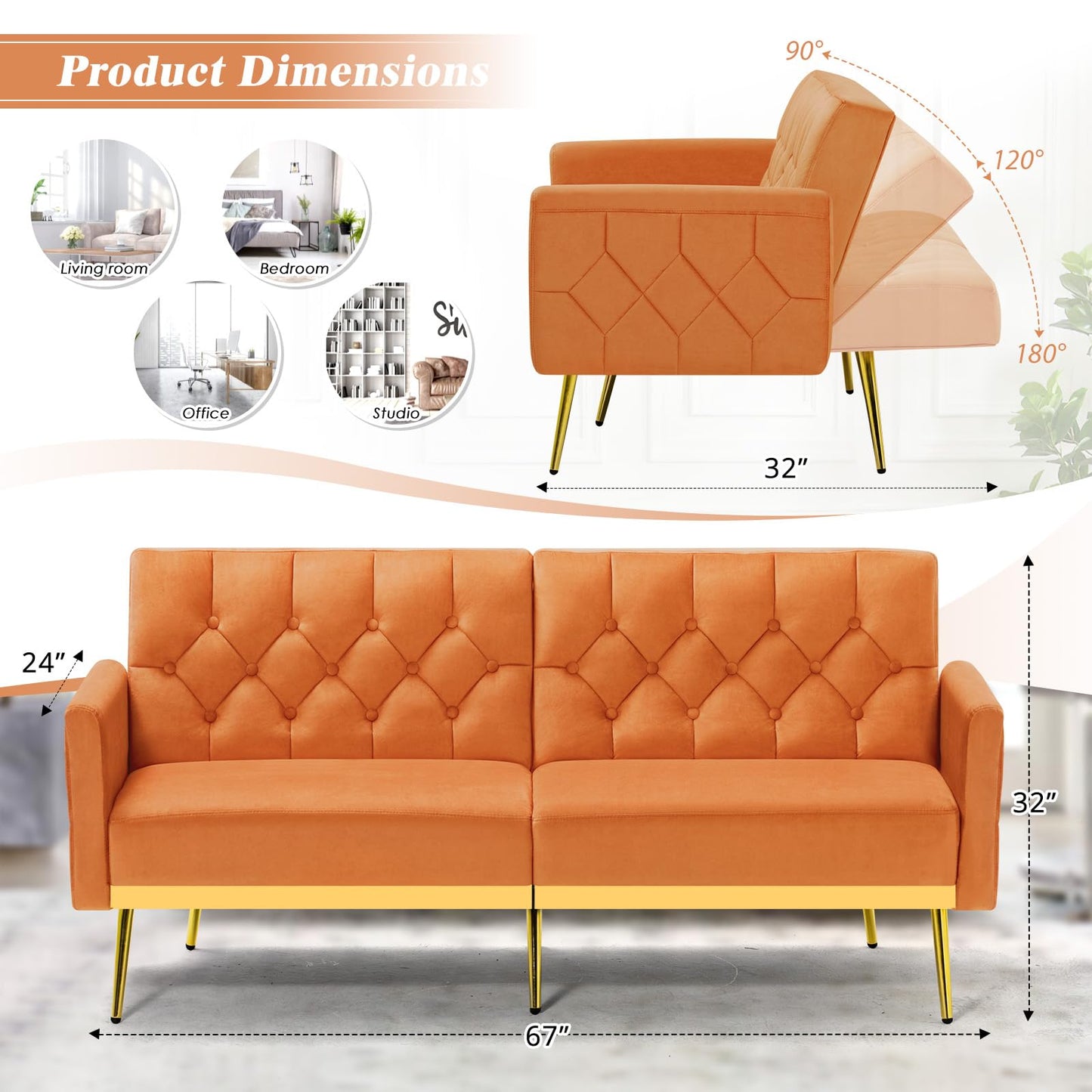 Velvet Sofa Bed w/Adjustable Armrests and Backrests, Modern Convertible Sleeper Sofa, Tufted Futon Sofa for Bedroom, Living Room, Apartment, Orange