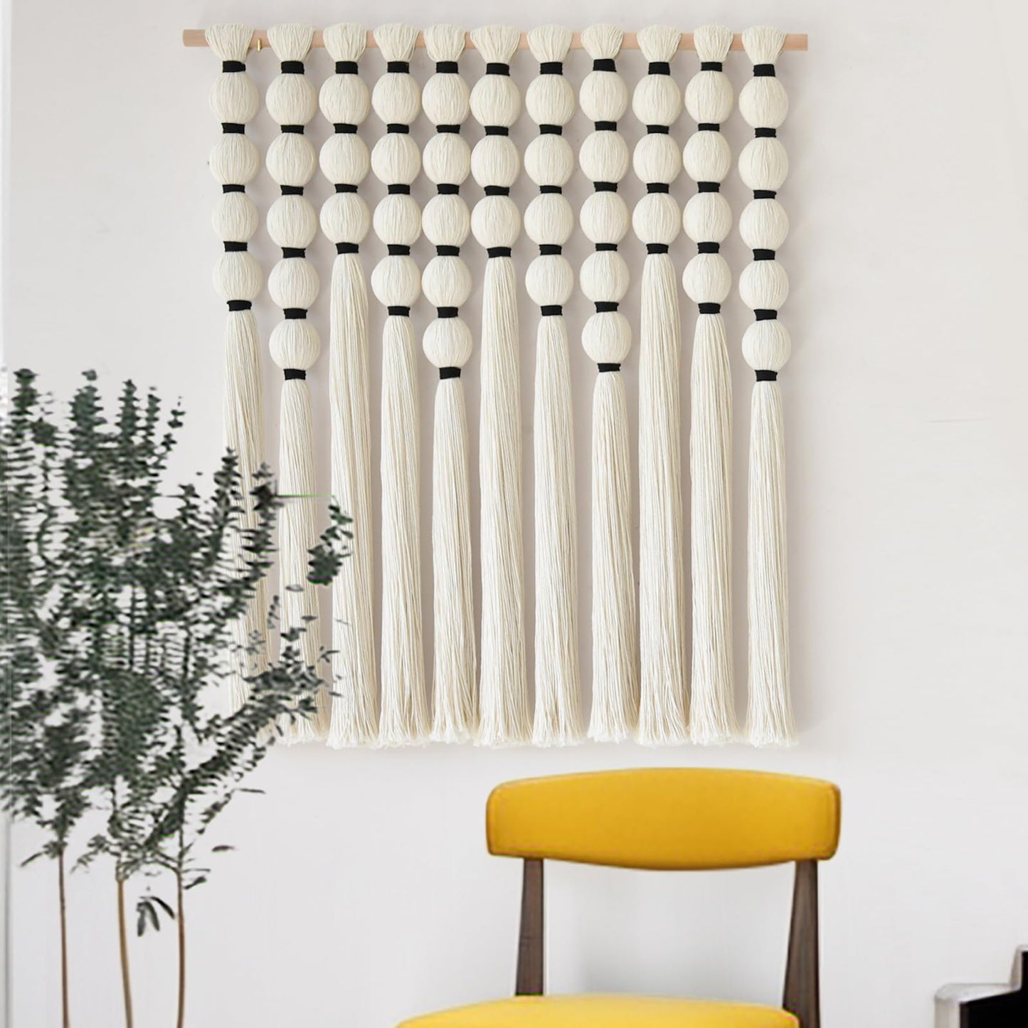 IOWER Macrame Wall Hanging Brown Yarn Beaded Backdrop Boho Wall Decor Round Tassel Home Wall Aesthetic Living Rooms Bedrooms Offices Geometric Art Chic Home Decor 39" W x 55" L