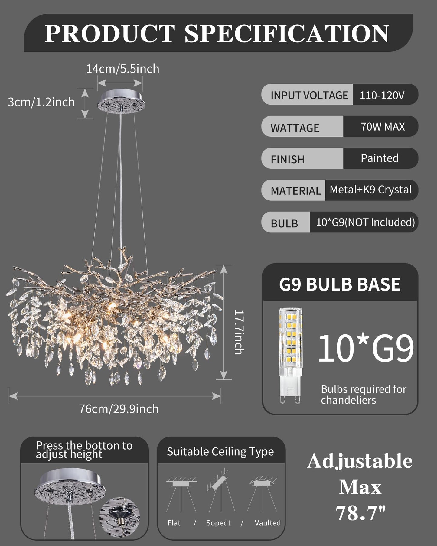 Modern Tree Branch Crystal Chandelier Luxury Silver Crystal Pendant Lighting 18" Contemporary 6-Light Chandeliers for Dining Room Kitchen Bedroom Living Room