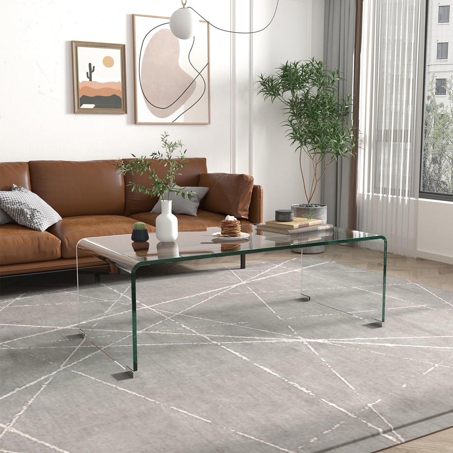 Meihua Tempered Glass Coffee Table for Living Room, Clear Center Table with 0.47 inch Tempered Glass, Transparent Modern Coffee Table
