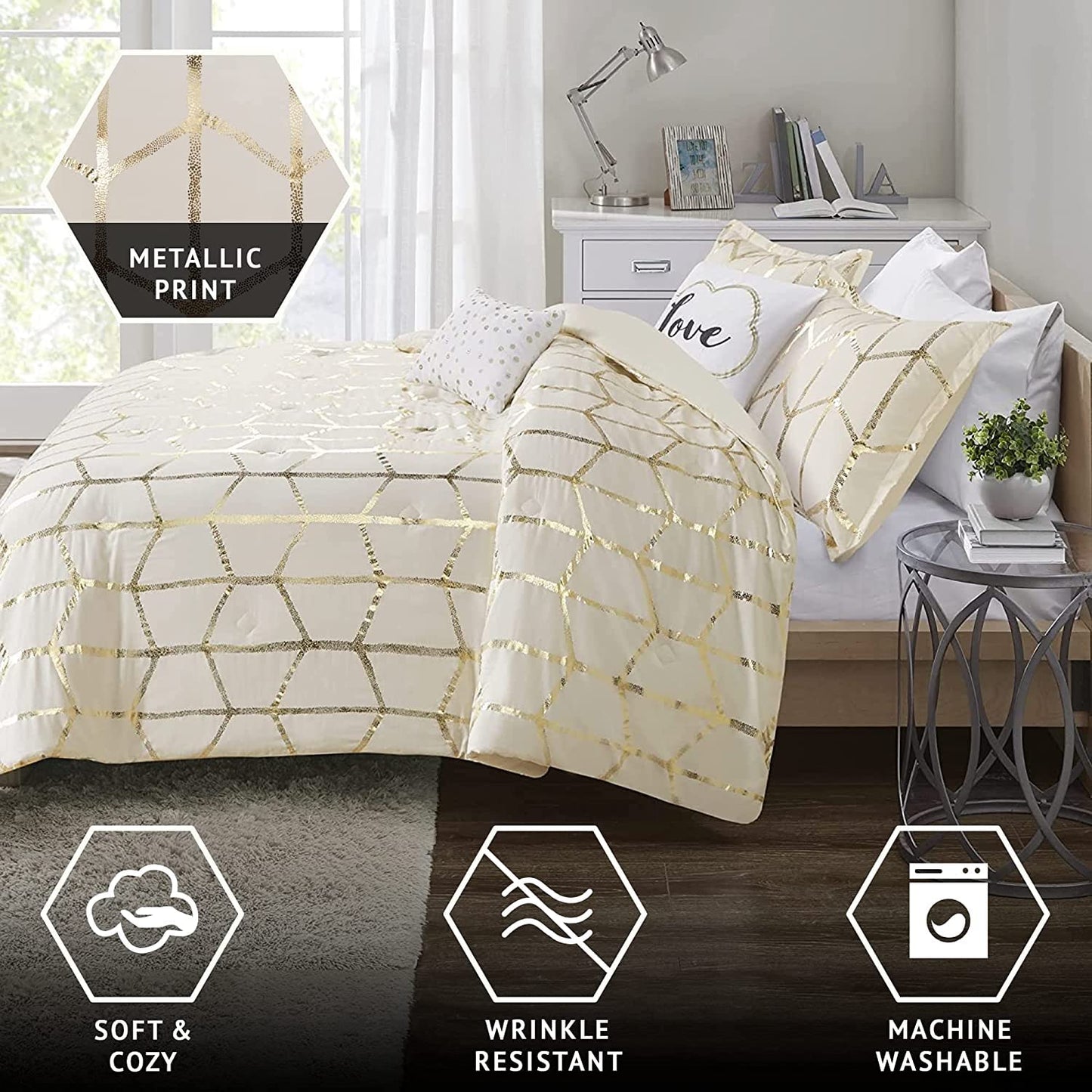 Intelligent Design, Soft Microfiber Comforter Modern Geometric Metallic Bed Set, Full/Queen, Grey/Silver