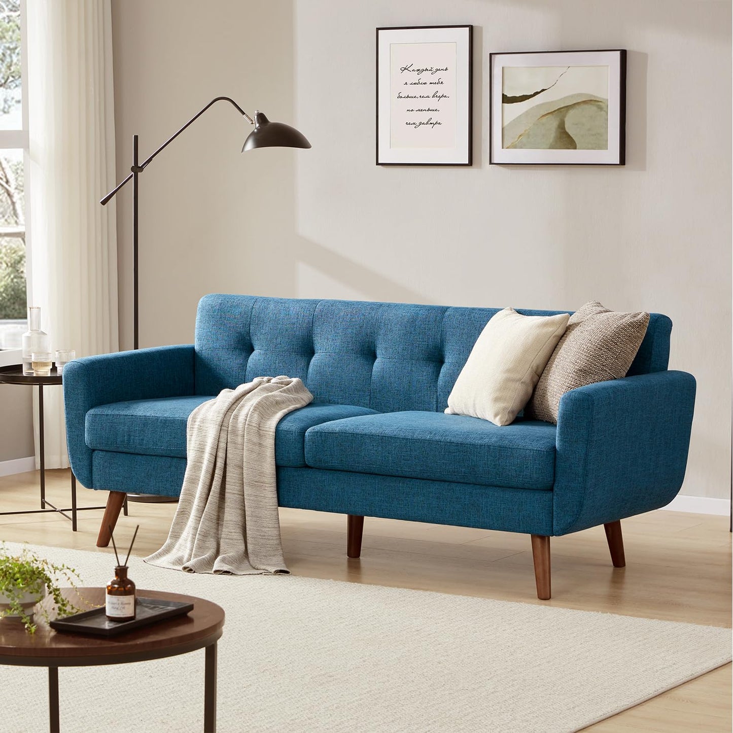 Tbfit 65" W Loveseat Sofa, Mid Century Modern Love Seat Couches for Living Room, Button Tufted Upholstered Small Couch for Bedroom, Solid and Easy to Install Love Seats Furniture, Grey