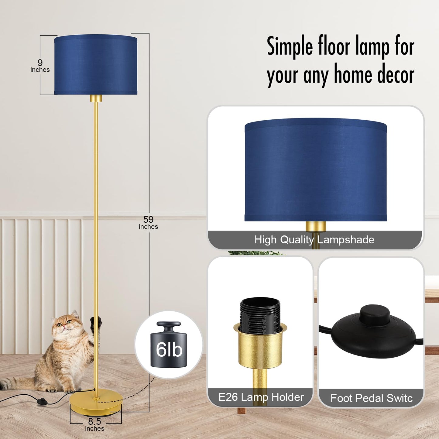 Floor Lamp Black, Standing Lamp, 58" Tall Lamps for Living Room, Simple Pole Lamp with Black Lampshade, On/Off Foot Pedal, Bright Dimming Light for Kids Room Bedroom Office Decor(Without Bulbs)