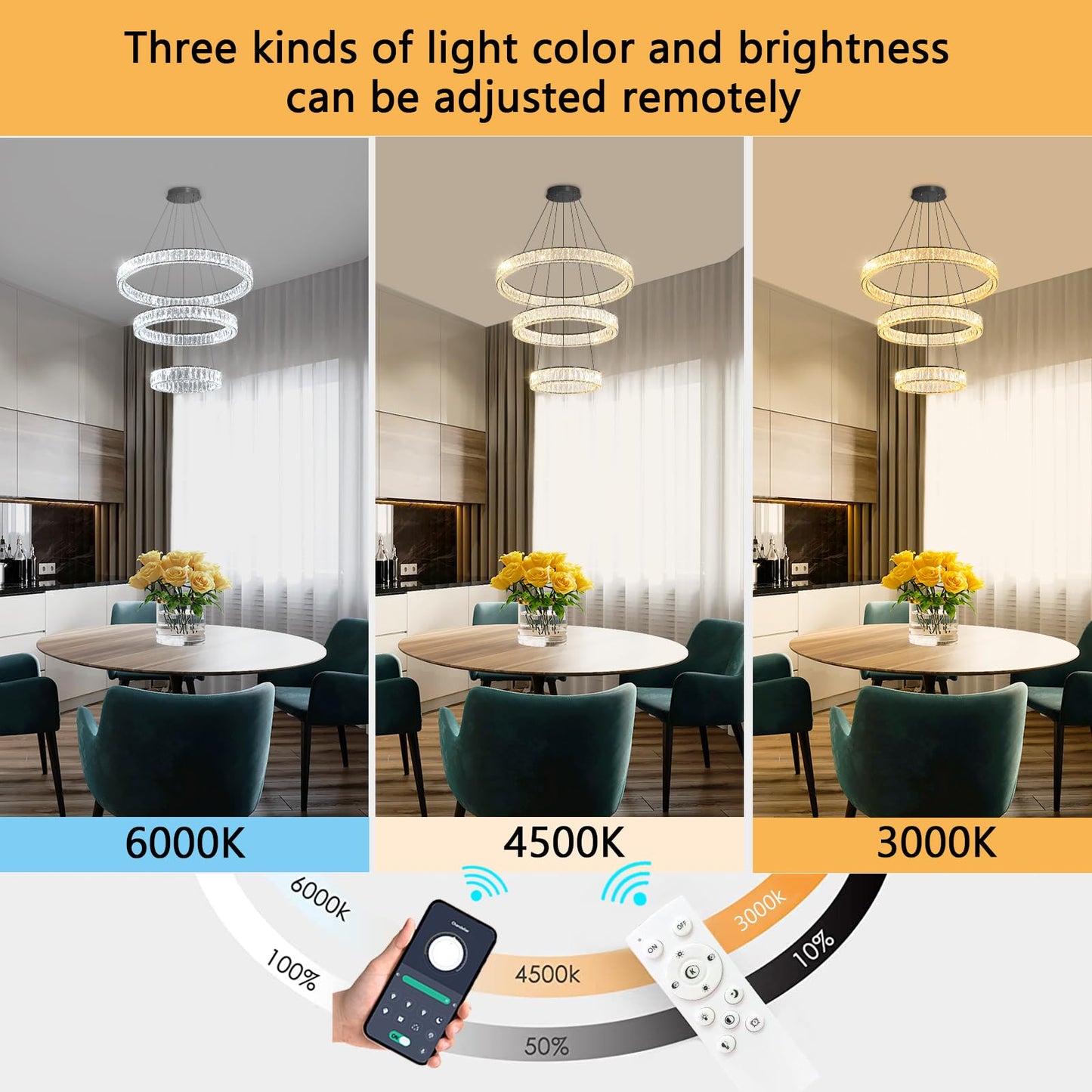 Modern Crystal Chandelier Dimmable LED Ring Pendant Lights Adjustable Glam Chandeliers Lighting Fixtures for Dining Room Living Room Bedroom Silver Light