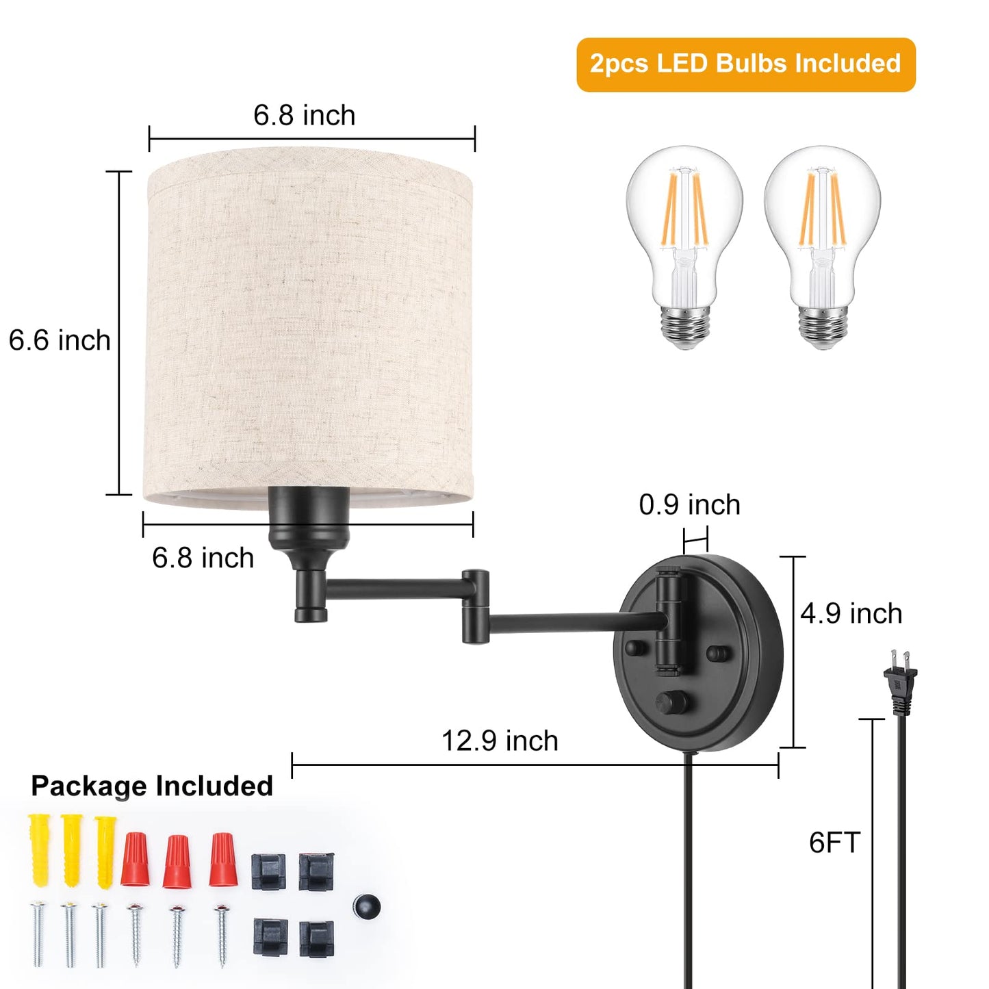 Plug in Wall Sconces with Remote Control, Dimming 10%-100% & Adjustable Colors 2700K-6500K, Hardwire or Plug-in, Swing Arm Wall Lamp with Linen Fabric Shade, Wall Sconces Set of Two, Black Finish