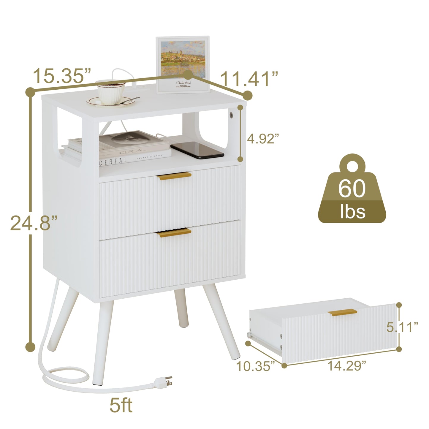 Nightstand with Charging Station and LED Lights,Modern Bedside Table with 2 Storage Drawer and Open Wood Shelf, for Bedroom and Small Spaces,Night Stand with Solid Wood Legs,GreyOak