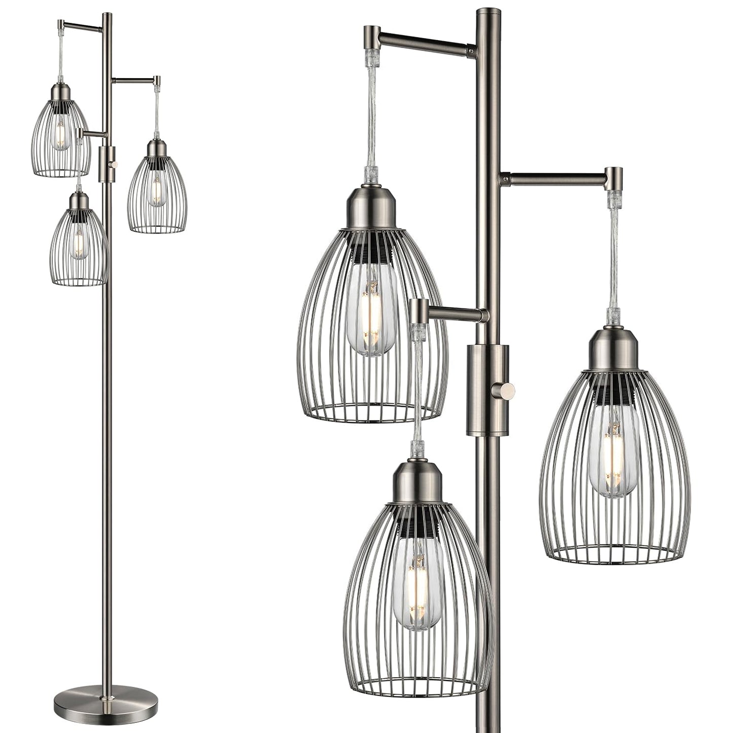 Dimmable Floor Lamp, 3 x 800LM LED Edison Bulbs Included, Farmhouse Industrial Floor Lamp Standing Tree Lamp with Elegant Teardrop Cage Tall Lamps for Living Room Bedroom Office Dining Room-Black