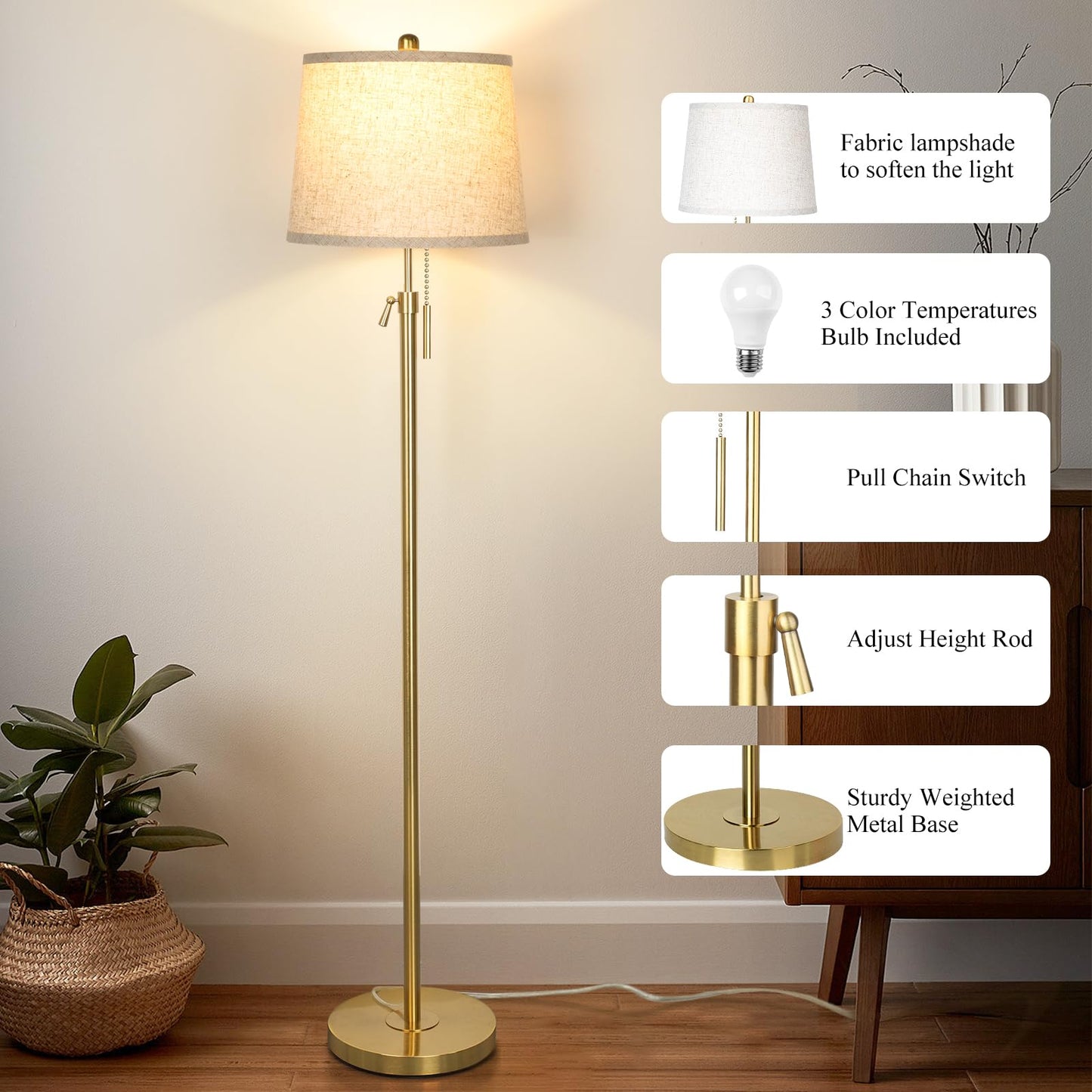 Floor Lamp for Living Room,Adjustable Height Standing Lamp,Dimmable Modern Floor Lamps for Bedroom Office Tall Floor Lights with Pull Chain Bulb Included-Silver Gray Shade