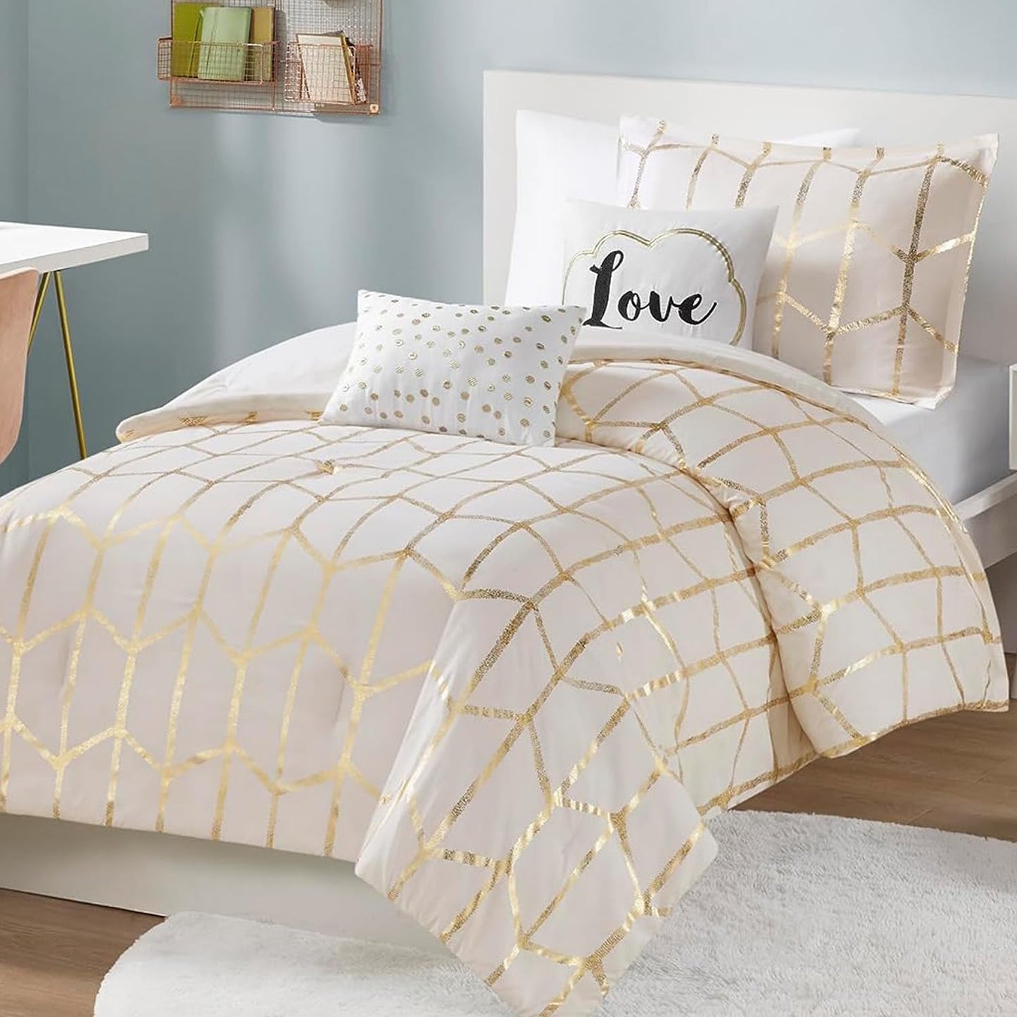 Intelligent Design, Soft Microfiber Comforter Modern Geometric Metallic Bed Set, Full/Queen, Grey/Silver
