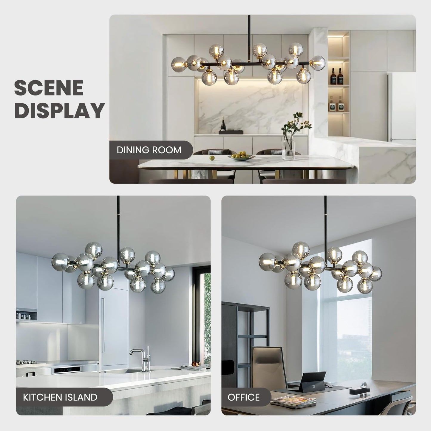 CROSSIO Modern Linear Chandeliers Black 16 Lights Pendant Light Fixtures Bubble Glass Chandelier Mid Century Sputnik Chandelier for Kitchen Island Dining Room