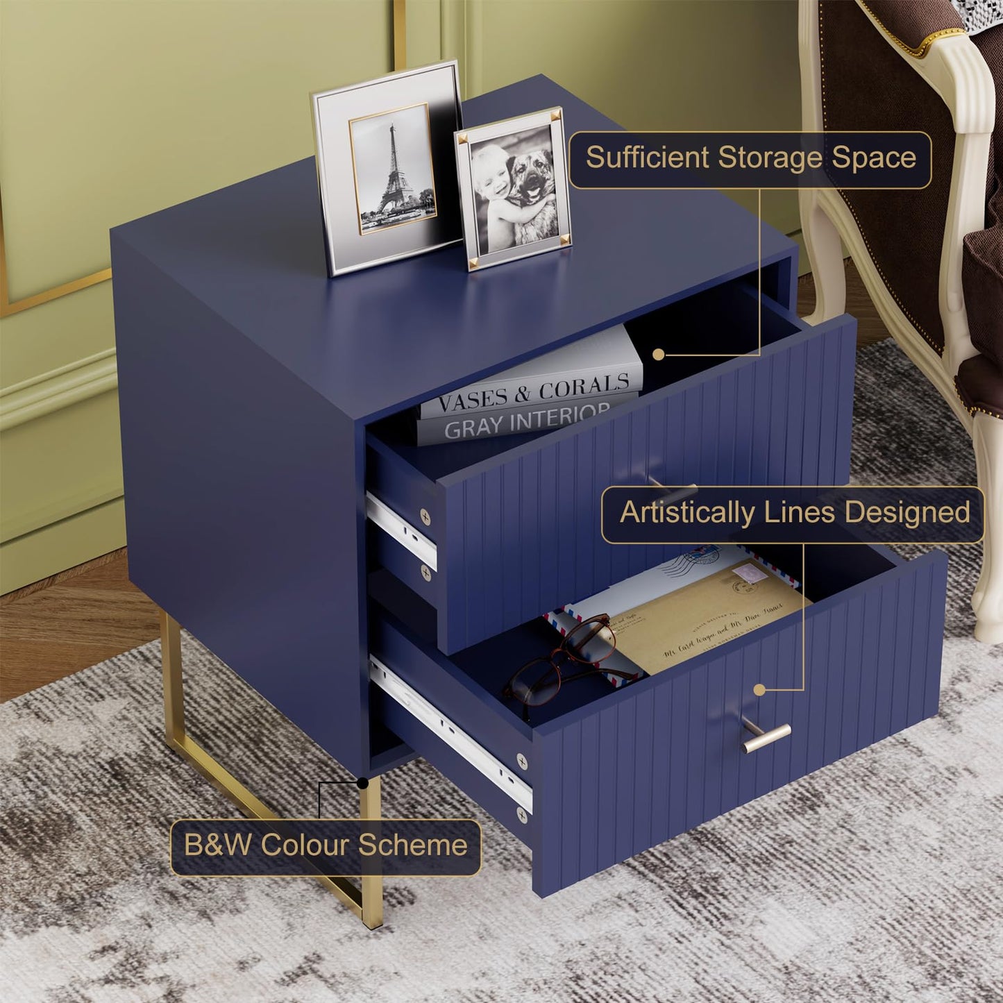 UEV Navy Blue Nightstand Set of 2,Modern Grooved Stripes Bed Side Table with 2 Drawers,Wood End Table with Golden Metal Handles and Pedestal Frame for Bedroom Living Room