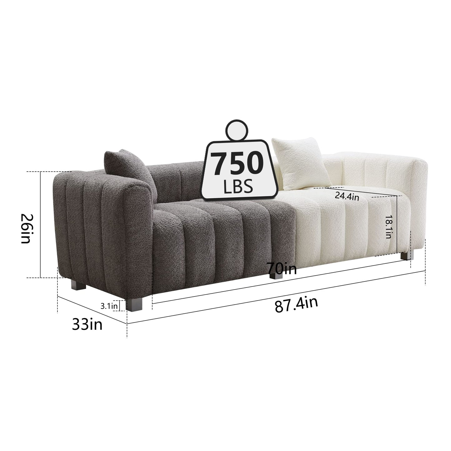 87.4" Modern 3 Seater Boucle Sofa Couch for Living Room, Mid Century Fluffy Couches with Solid Wood Frame and 6 Legs for Bedroom, Apartment, Weight Capacity 750 LBS (White)