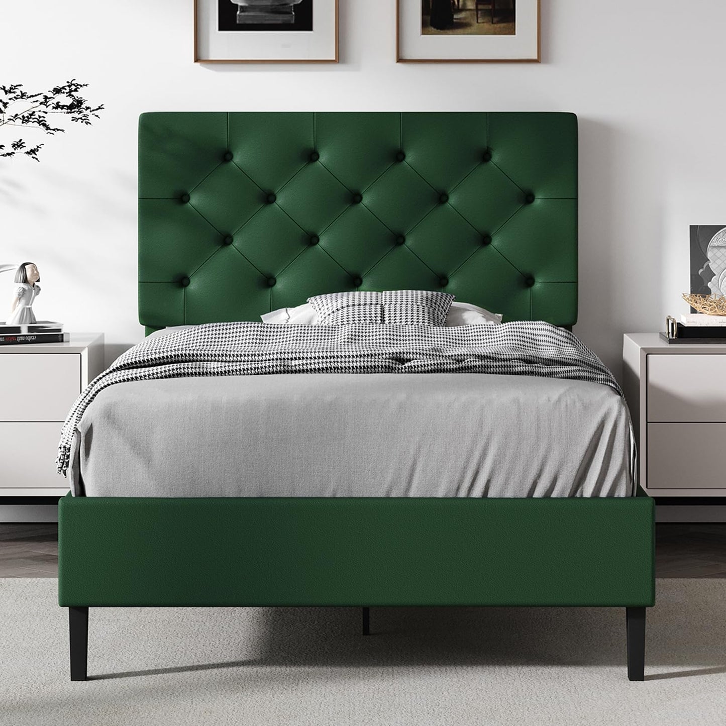 Queen Bed Frame with Headboard, Faux Leather Upholstered Platform Bed Frame, Blue Bed Frame Queen Size, Wooden Slat Support, No Box Spring Needed, Navy Blue