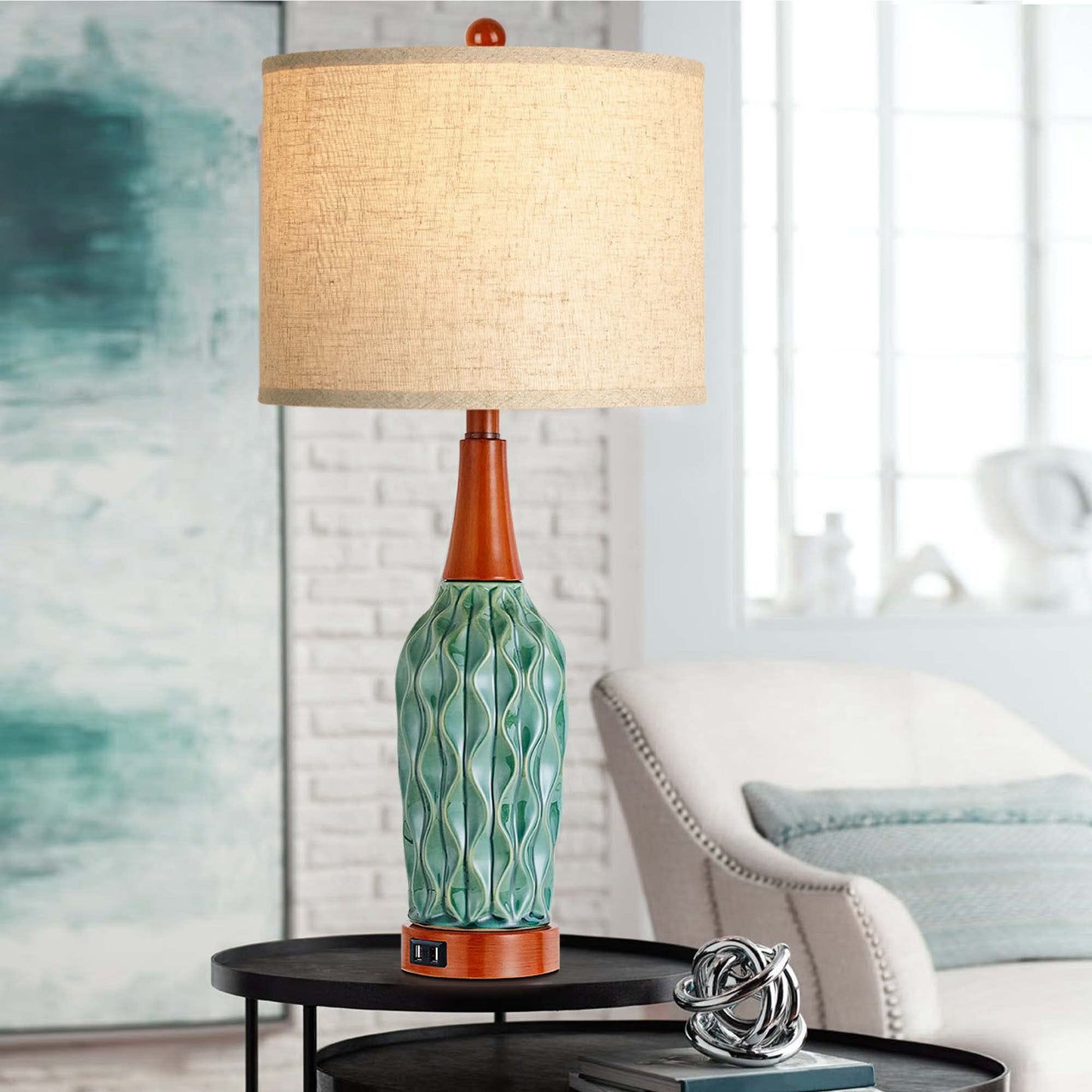CeramicTable Lamps Set of 2 Lamps for Bedroom Living Room Office 26" Rotary Coastal Bedside Lamp for Nightstand with 2 USB Ports 3-Colors