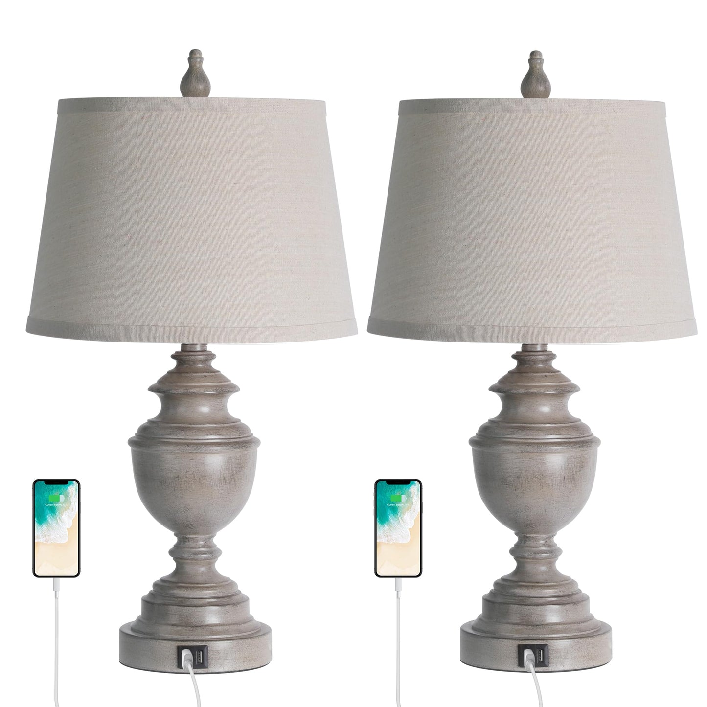 CeramicTable Lamps Set of 2 Lamps for Bedroom Living Room Office 26" Rotary Coastal Bedside Lamp for Nightstand with 2 USB Ports 3-Colors