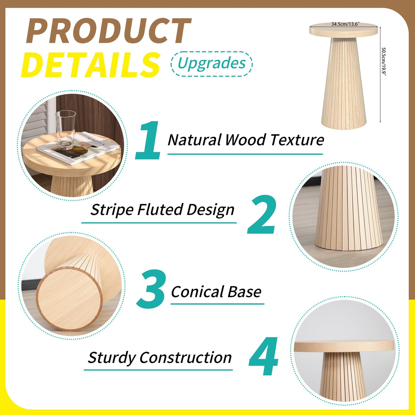Small Round Pedestal Side Table, Wooden End Table for Living Room, Fluted Drink Table for Small Space, Modern Plant Stand Accent Table for Sofa Couch, 13.6 inch (Walnut)