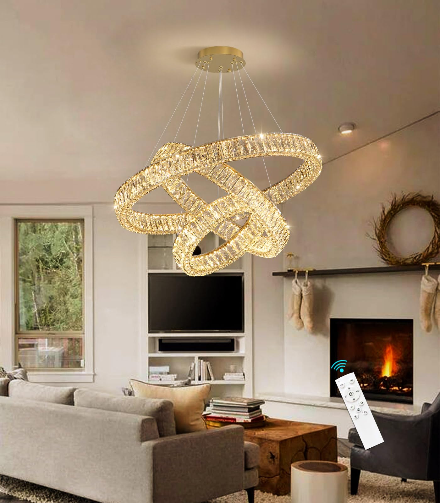 Modern Crystal Chandelier Dimmable LED Ring Pendant Lights Adjustable Glam Chandeliers Lighting Fixtures for Dining Room Living Room Bedroom Silver Light
