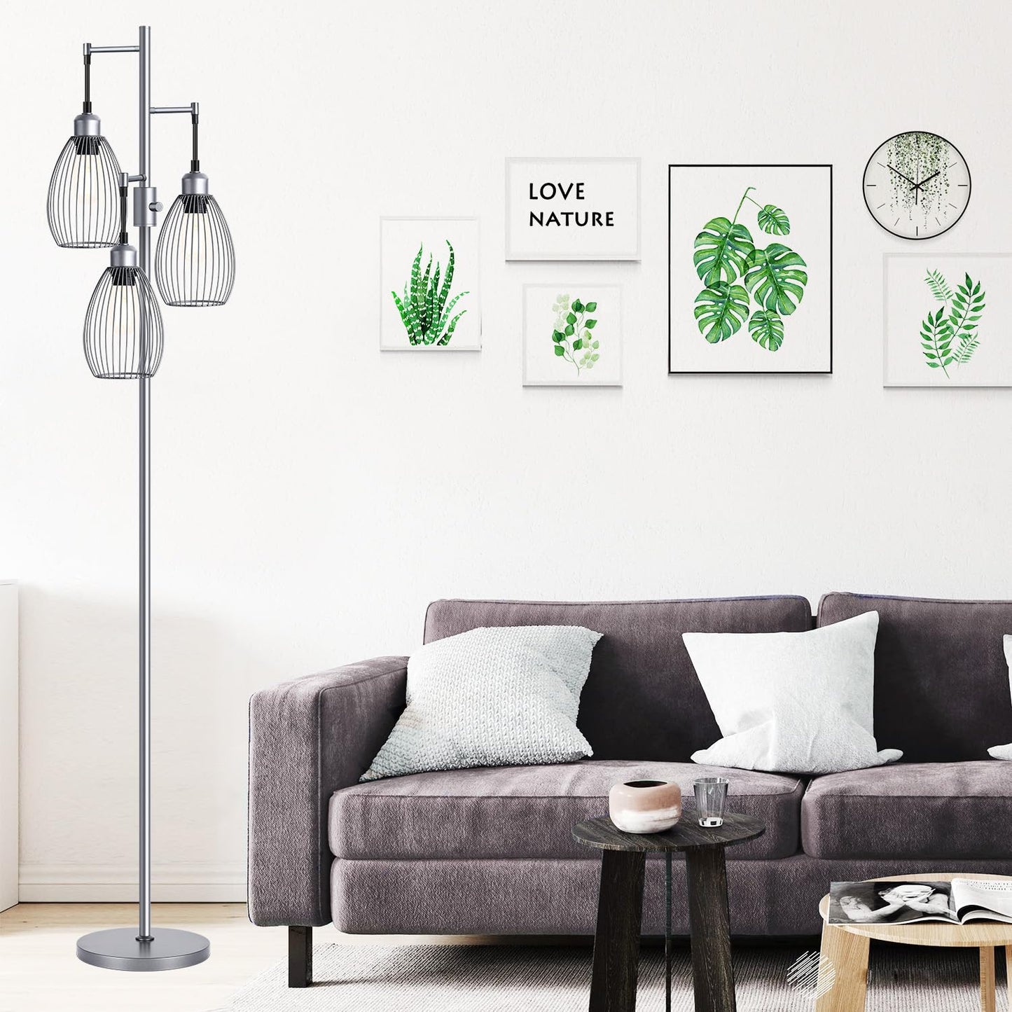 Dimmable Floor Lamp, 3 x 800LM LED Edison Bulbs Included, Farmhouse Industrial Floor Lamp Standing Tree Lamp with Elegant Teardrop Cage Tall Lamps for Living Room Bedroom Office Dining Room-Black
