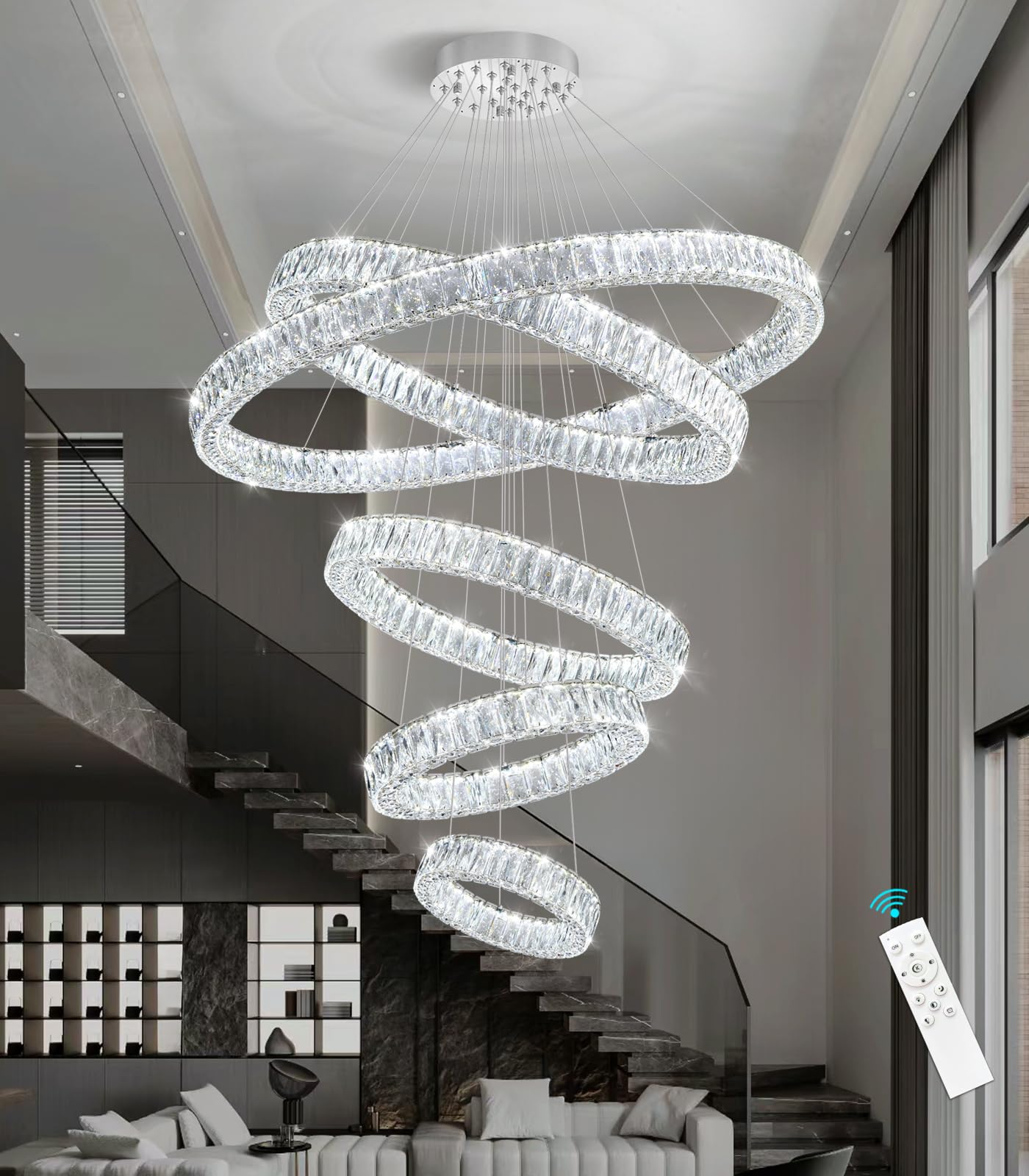 Modern Crystal Chandelier Dimmable LED Ring Pendant Lights Adjustable Glam Chandeliers Lighting Fixtures for Dining Room Living Room Bedroom Silver Light