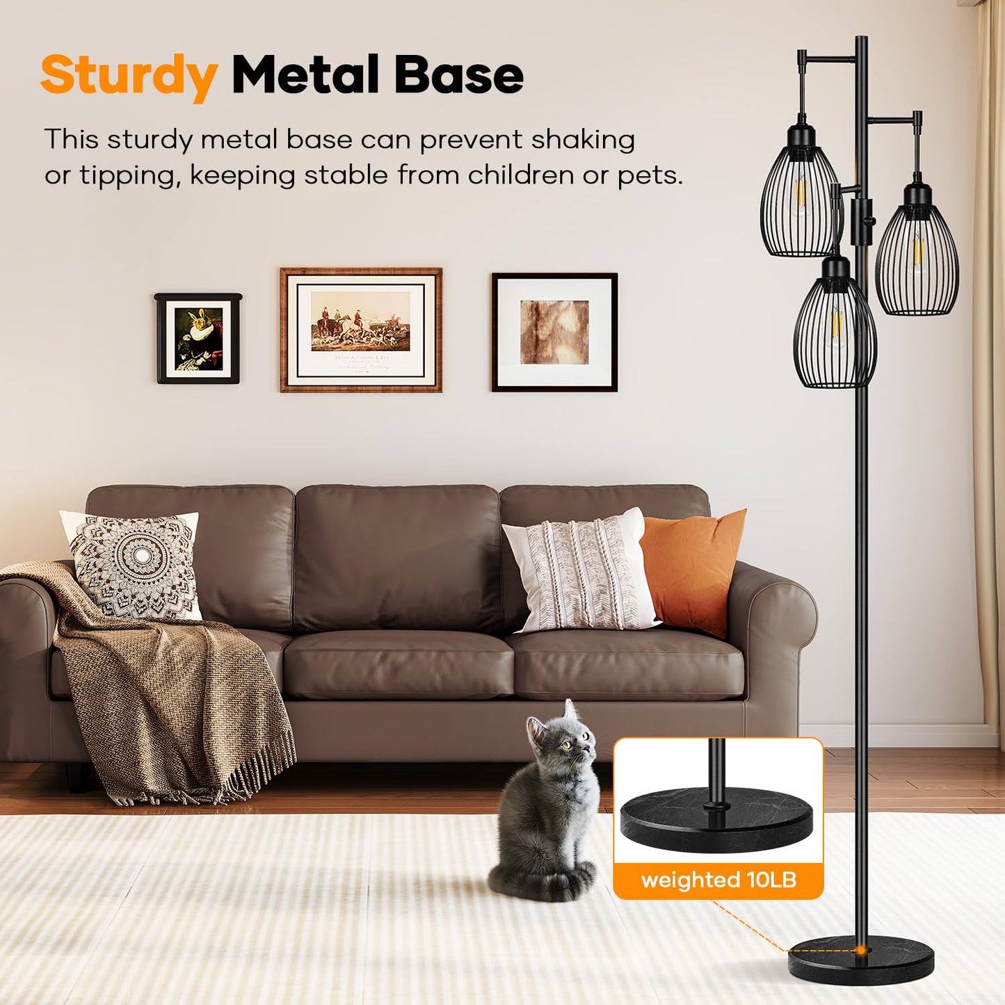 Dimmable Floor Lamp, 3 x 800LM LED Edison Bulbs Included, Farmhouse Industrial Floor Lamp Standing Tree Lamp with Elegant Teardrop Cage Tall Lamps for Living Room Bedroom Office Dining Room-Black