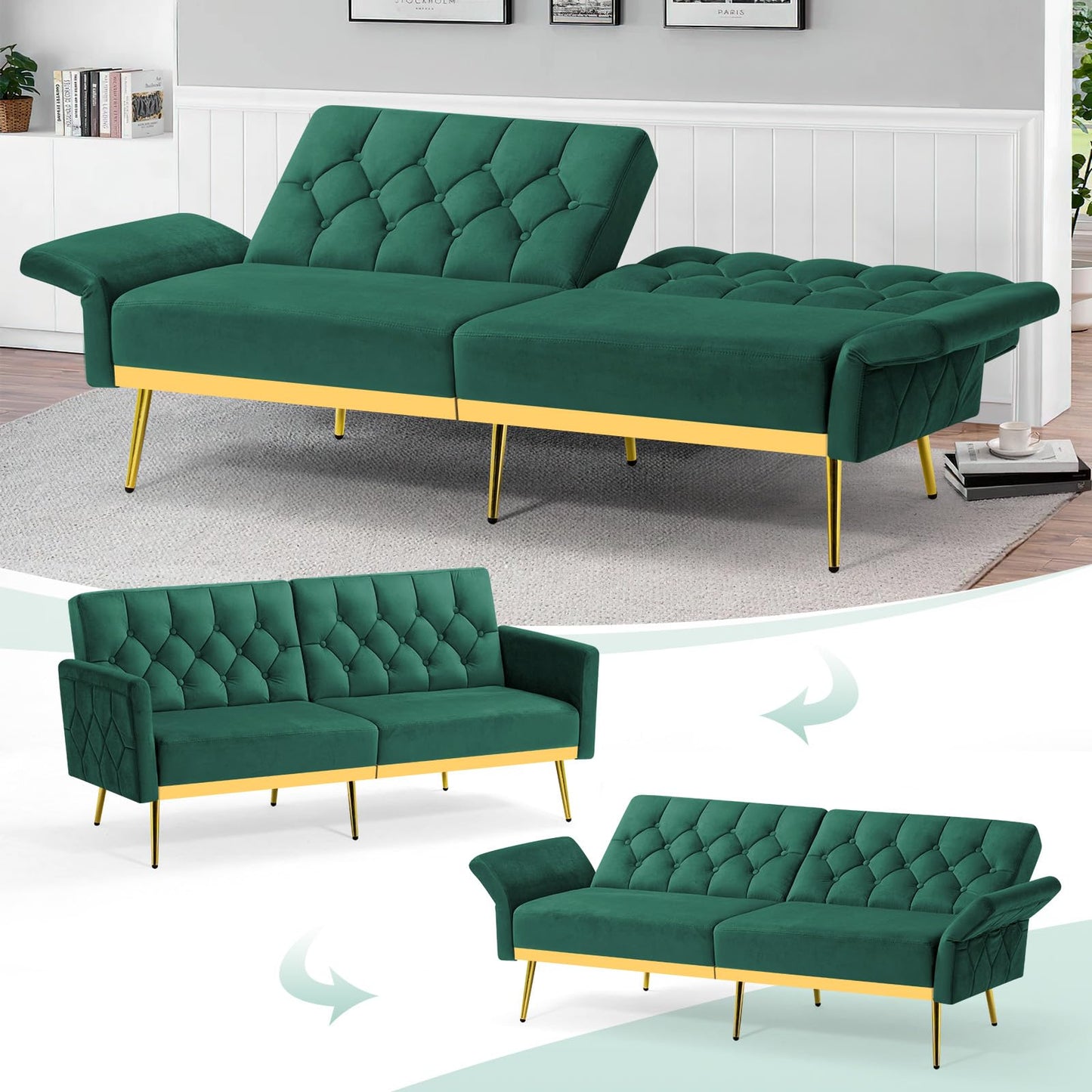 Velvet Sofa Bed w/Adjustable Armrests and Backrests, Modern Convertible Sleeper Sofa, Tufted Futon Sofa for Bedroom, Living Room, Apartment, Orange