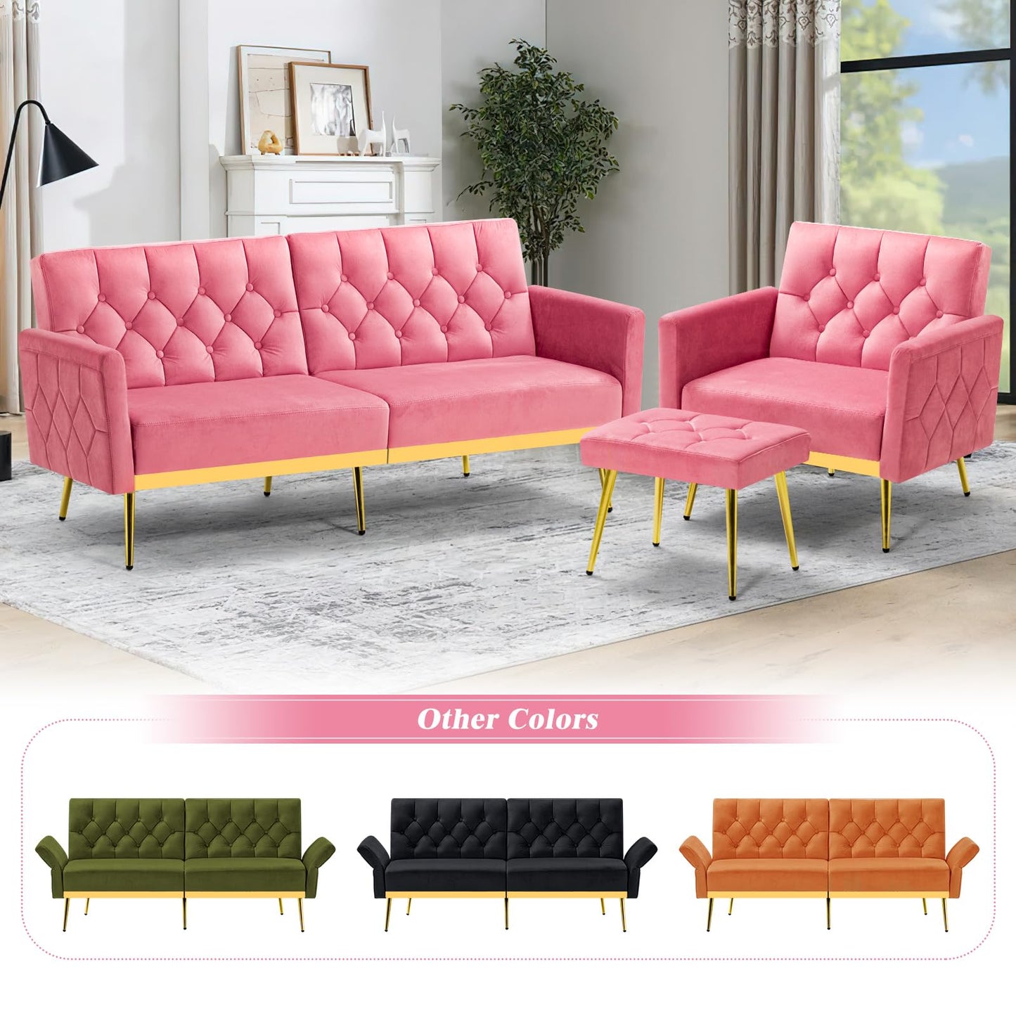 Velvet Sofa Bed w/Adjustable Armrests and Backrests, Modern Convertible Sleeper Sofa, Tufted Futon Sofa for Bedroom, Living Room, Apartment, Orange