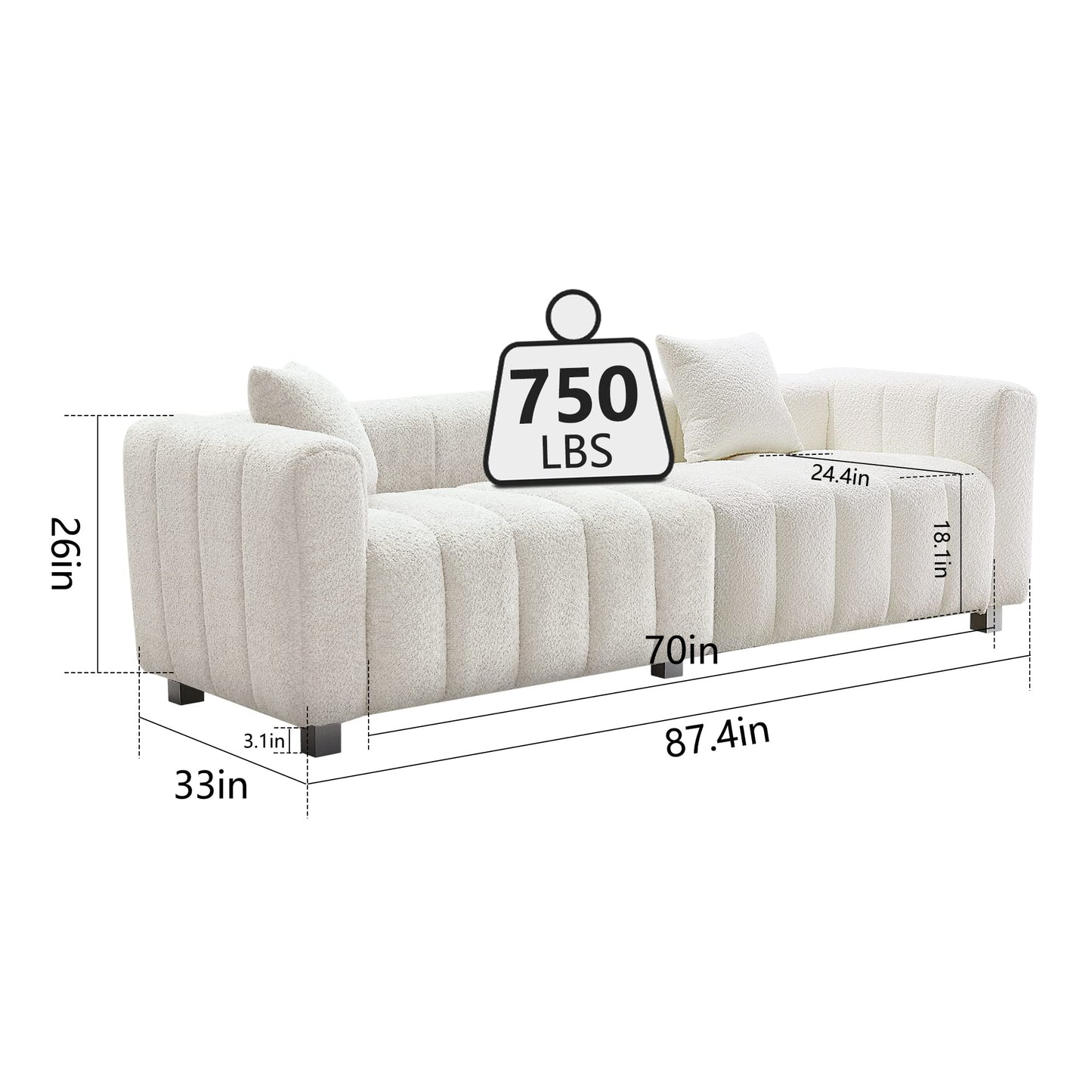 87.4" Modern 3 Seater Boucle Sofa Couch for Living Room, Mid Century Fluffy Couches with Solid Wood Frame and 6 Legs for Bedroom, Apartment, Weight Capacity 750 LBS (White)