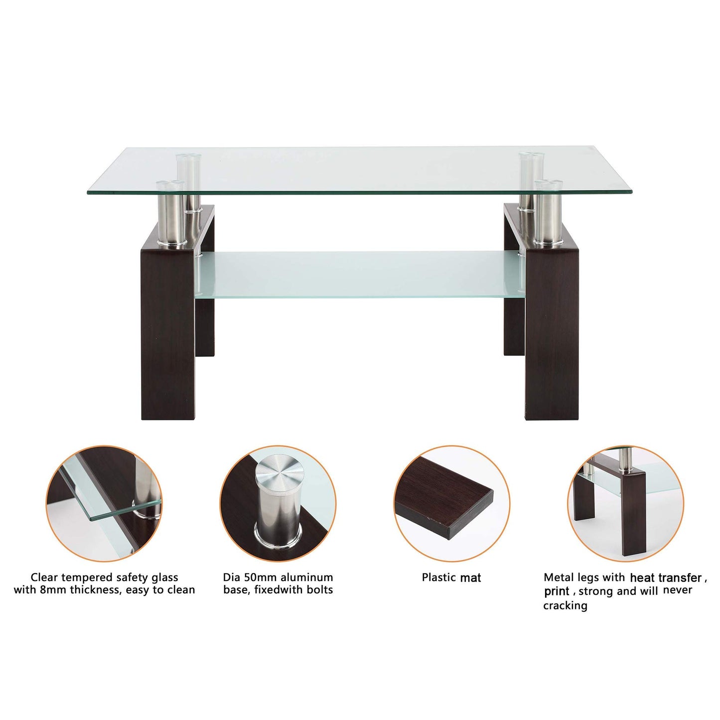 Meihua Tempered Glass Coffee Table for Living Room, Clear Center Table with 0.47 inch Tempered Glass, Transparent Modern Coffee Table