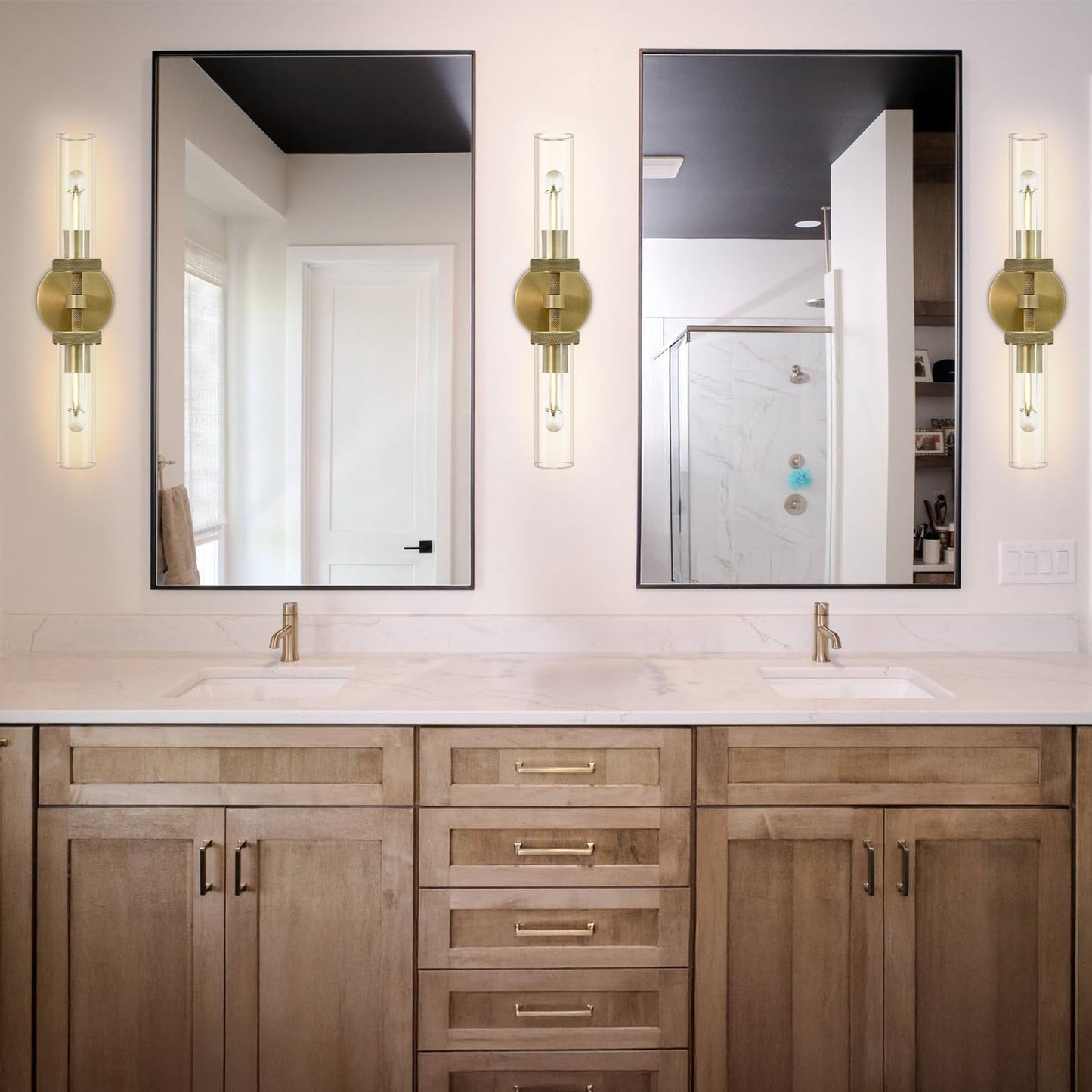 Brass Wall Sconces Set of Two, 19" Knurled Gold Sconces Wall Lighting, Tube Glass Bathroom Sconces Wall Lights for Bedroom Living Room Vanity Sconce Wall Lamp for Hallway, Staircase
