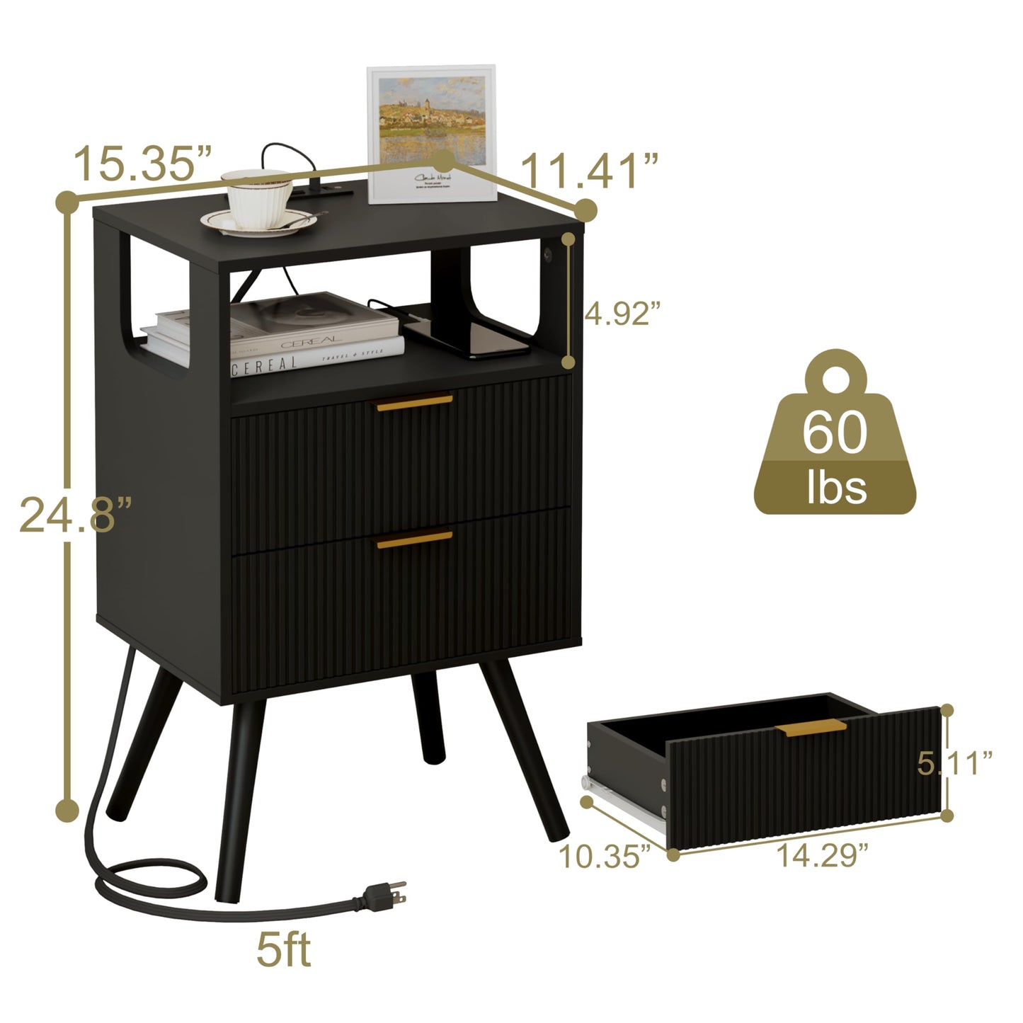 Nightstand with Charging Station and LED Lights,Modern Bedside Table with 2 Storage Drawer and Open Wood Shelf, for Bedroom and Small Spaces,Night Stand with Solid Wood Legs,GreyOak