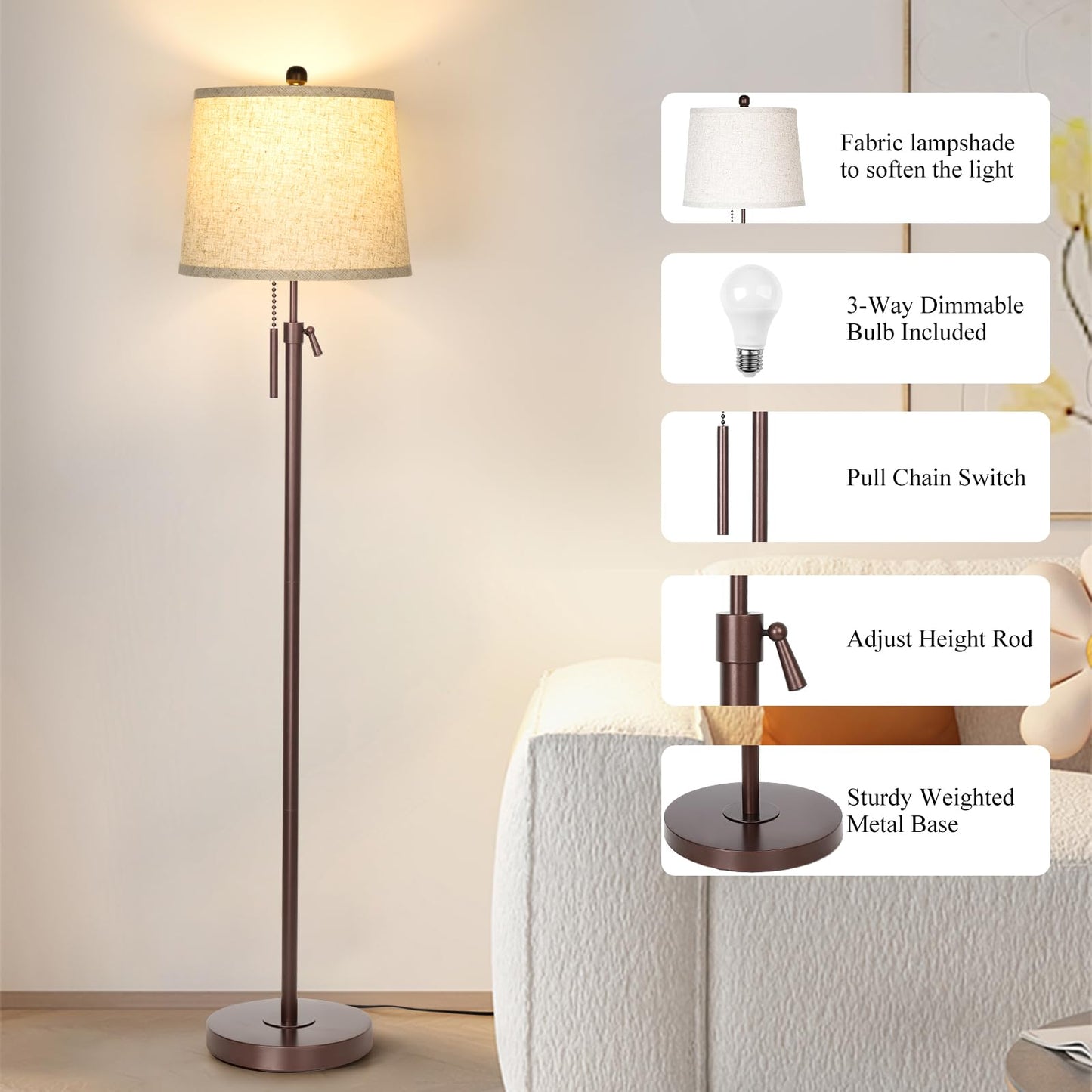 Floor Lamp for Living Room,Adjustable Height Standing Lamp,Dimmable Modern Floor Lamps for Bedroom Office Tall Floor Lights with Pull Chain Bulb Included-Silver Gray Shade