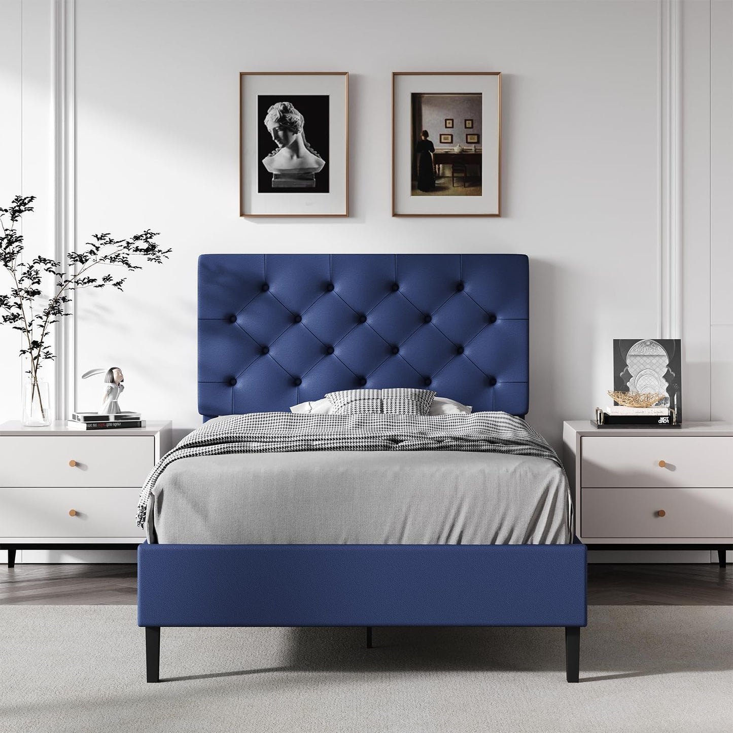 Queen Bed Frame with Headboard, Faux Leather Upholstered Platform Bed Frame, Blue Bed Frame Queen Size, Wooden Slat Support, No Box Spring Needed, Navy Blue