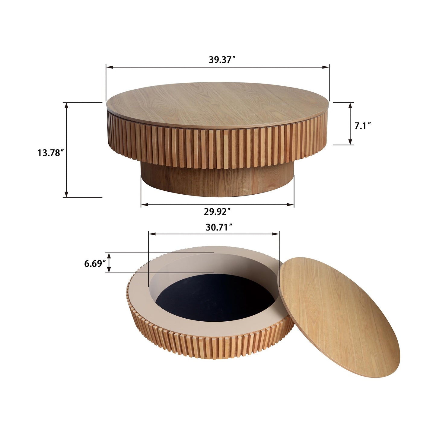 31.5" Round Drum Coffee Table with Storage, Handcraft Fluted Drum Coffee Table, Modern Wooden Circle Cocktail Tea Table Center Table with Sturdy Pedestal for Living Room Apartment (Walnut)