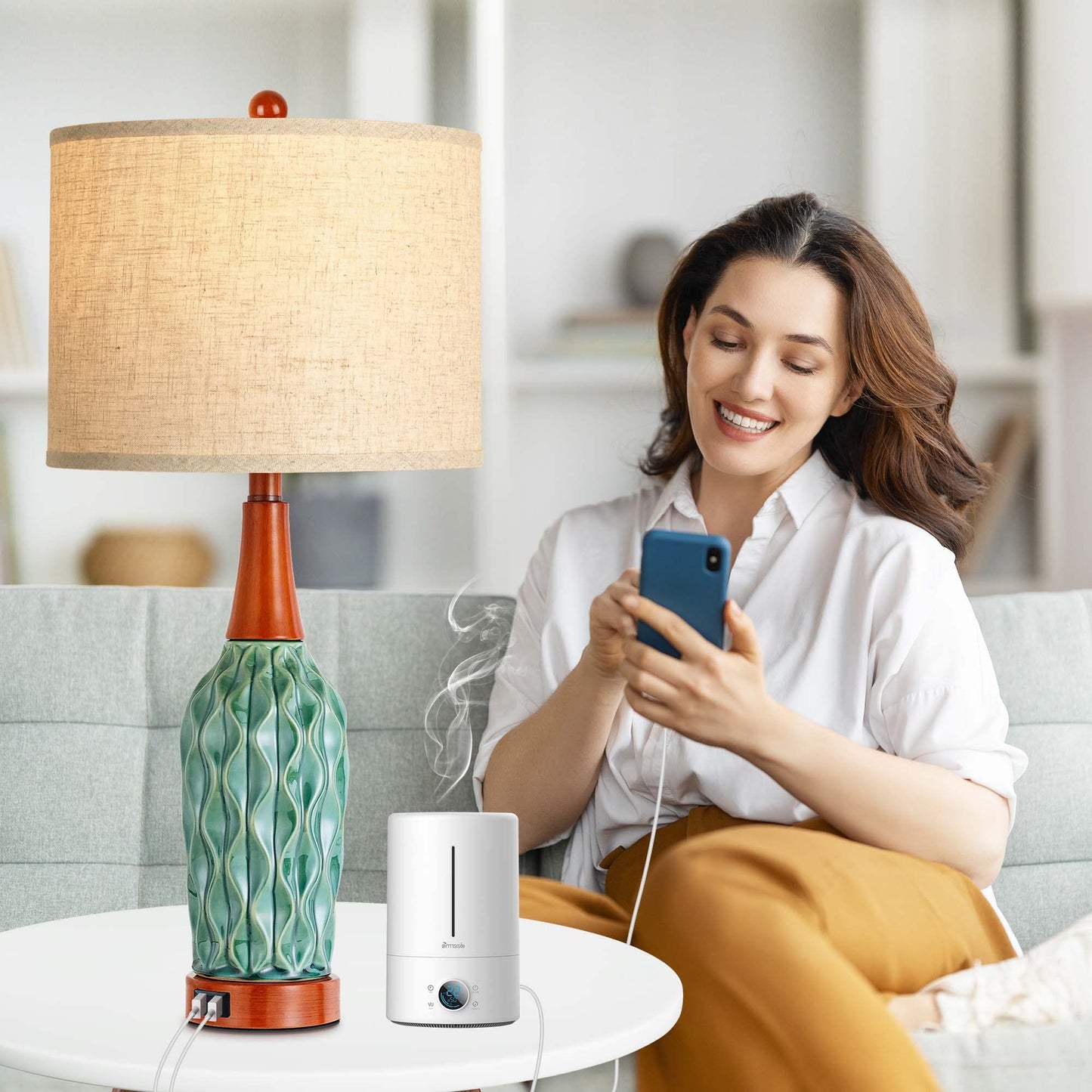CeramicTable Lamps Set of 2 Lamps for Bedroom Living Room Office 26" Rotary Coastal Bedside Lamp for Nightstand with 2 USB Ports 3-Colors